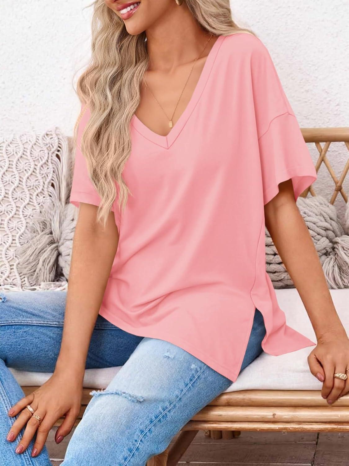 imageTankaneo Womens Oversized Tshirts V Neck Short Sleeve Tops Summer Casual Loose Fit Tunic Tee ShirtsPink