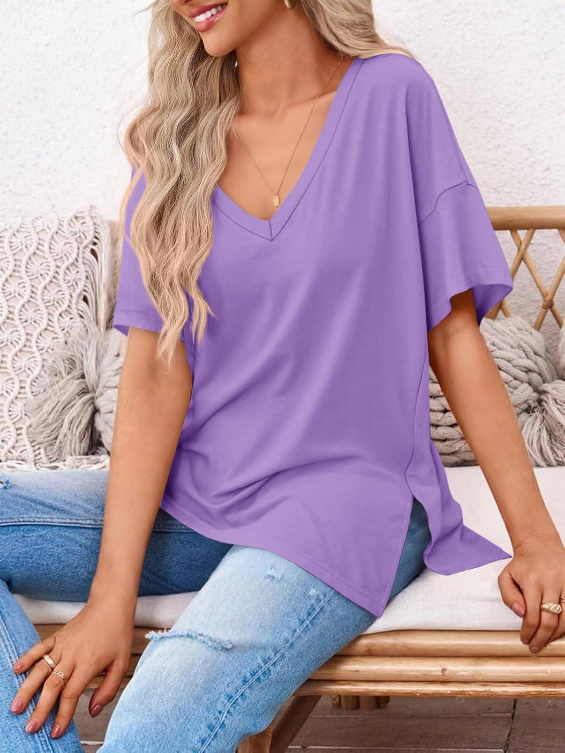 imageTankaneo Womens Oversized Tshirts V Neck Short Sleeve Tops Summer Casual Loose Fit Tunic Tee ShirtsPurple