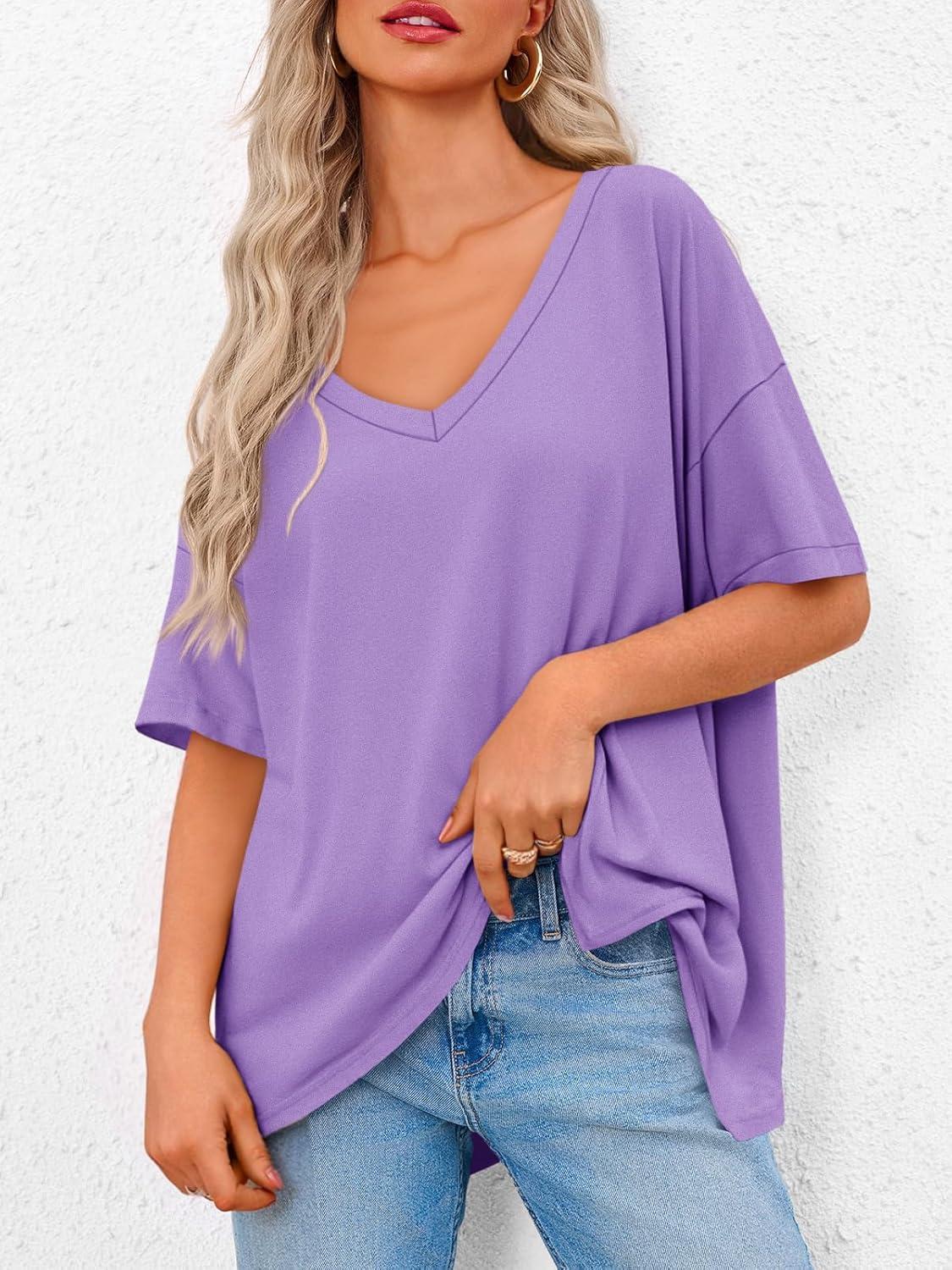 imageTankaneo Womens Oversized Tshirts V Neck Short Sleeve Tops Summer Casual Loose Fit Tunic Tee ShirtsPurple