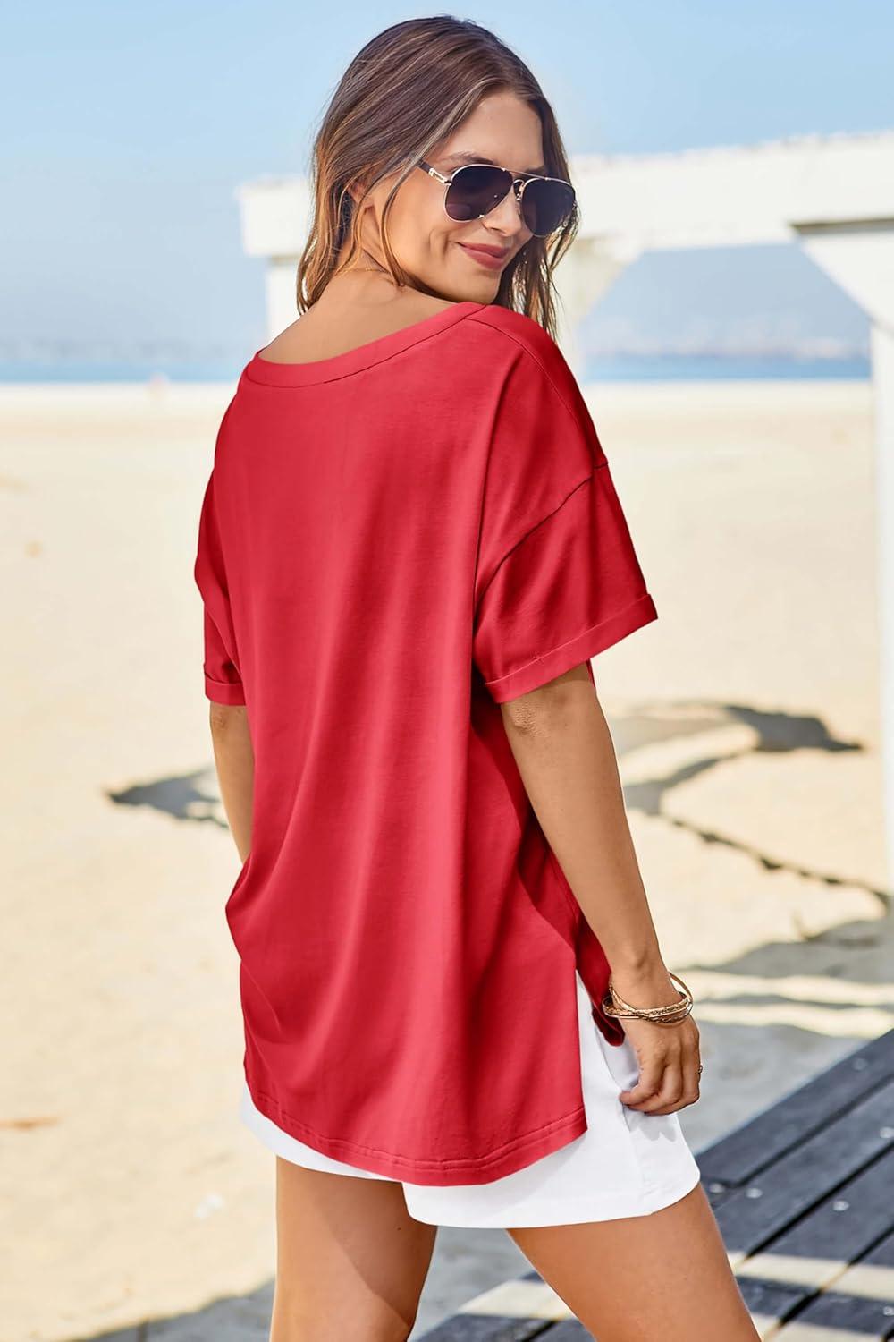 imageTankaneo Womens Oversized Tshirts V Neck Short Sleeve Tops Summer Casual Loose Fit Tunic Tee ShirtsRed