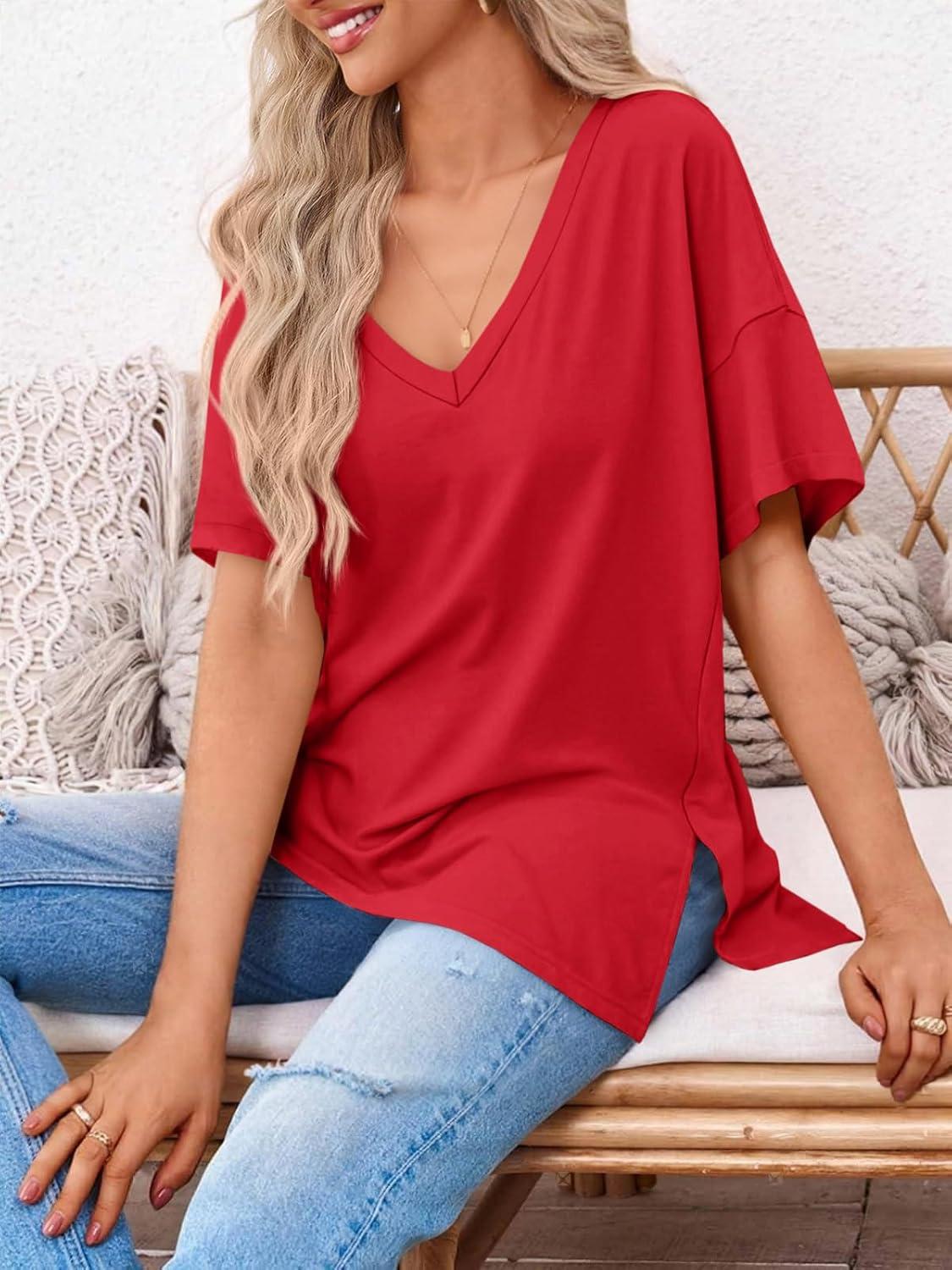 imageTankaneo Womens Oversized Tshirts V Neck Short Sleeve Tops Summer Casual Loose Fit Tunic Tee ShirtsRed