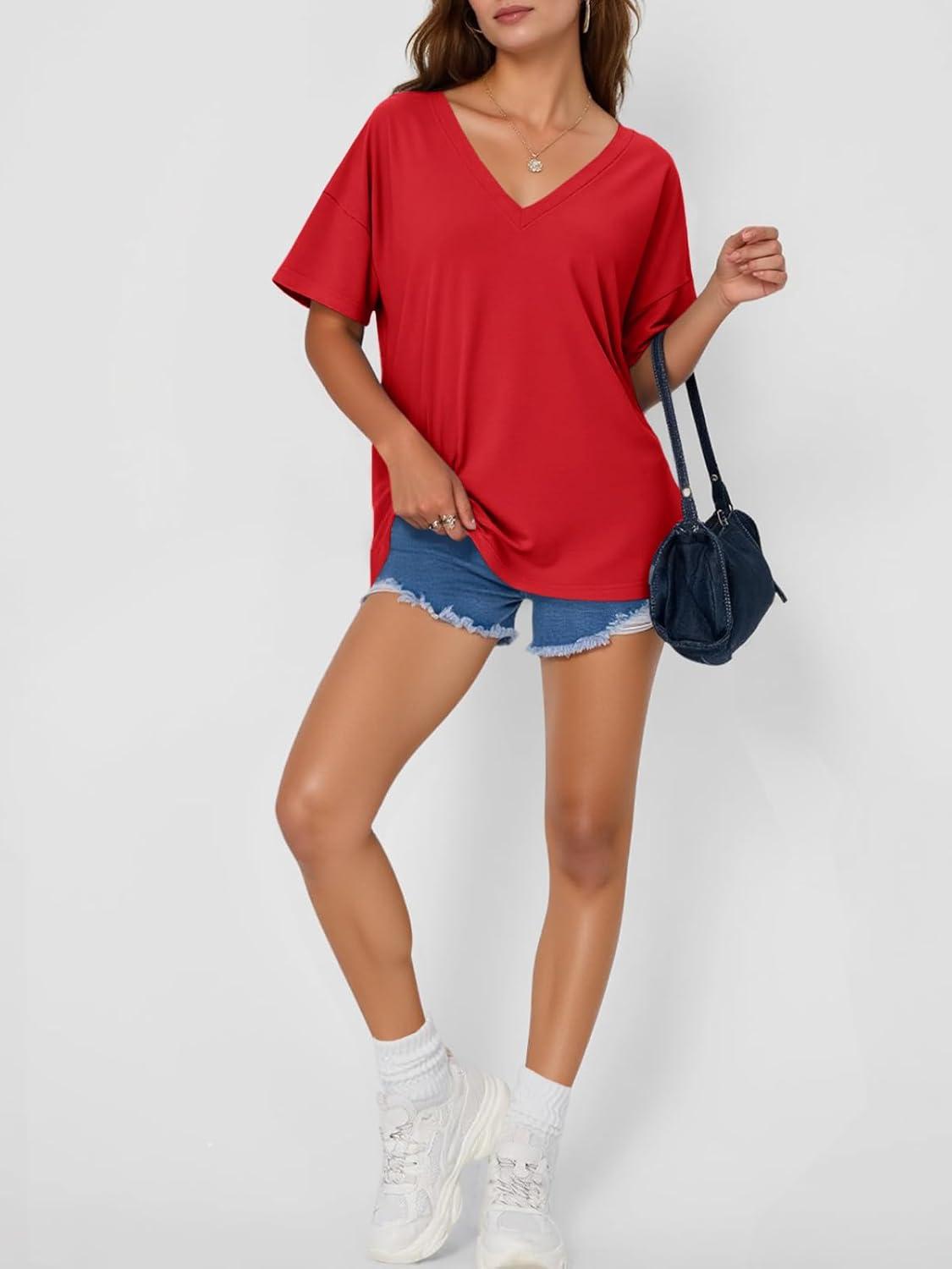 imageTankaneo Womens Oversized Tshirts V Neck Short Sleeve Tops Summer Casual Loose Fit Tunic Tee ShirtsRed