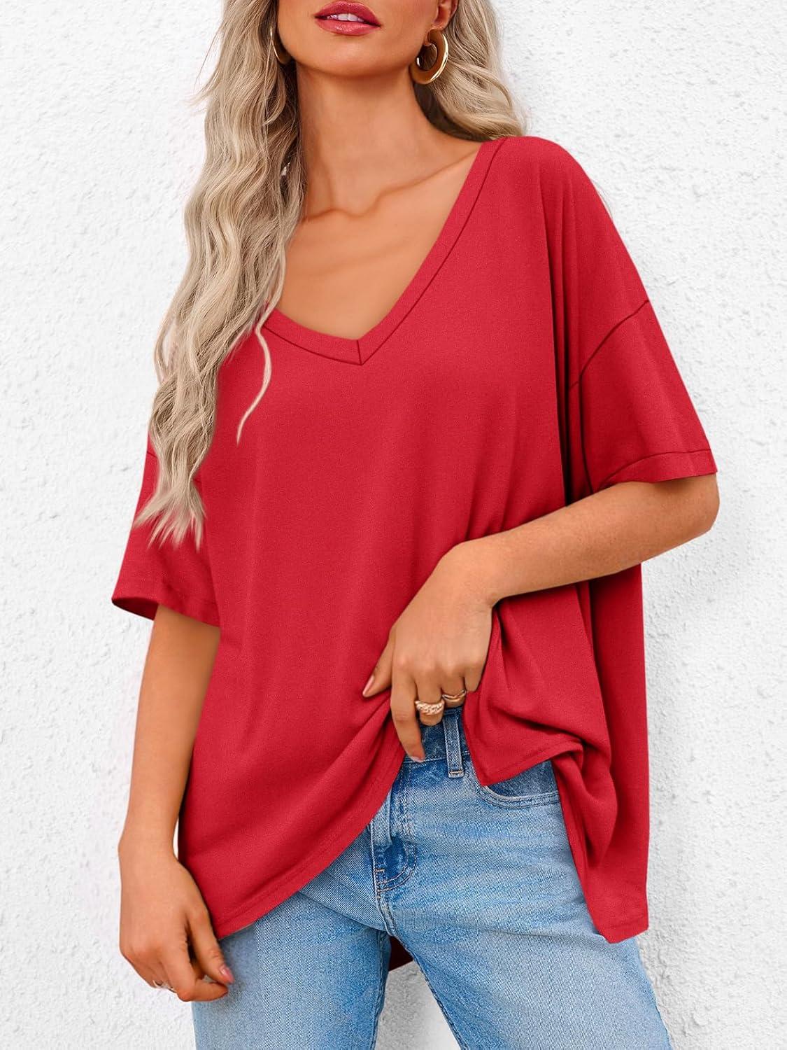 imageTankaneo Womens Oversized Tshirts V Neck Short Sleeve Tops Summer Casual Loose Fit Tunic Tee ShirtsRed