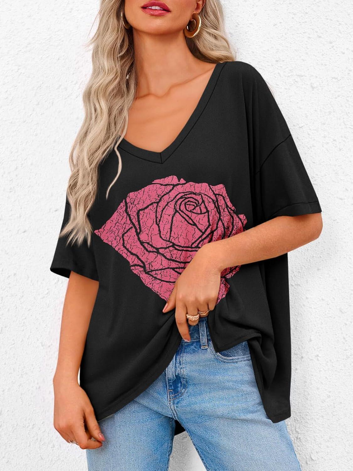 imageTankaneo Womens Oversized Tshirts V Neck Short Sleeve Tops Summer Casual Loose Fit Tunic Tee ShirtsRose Black