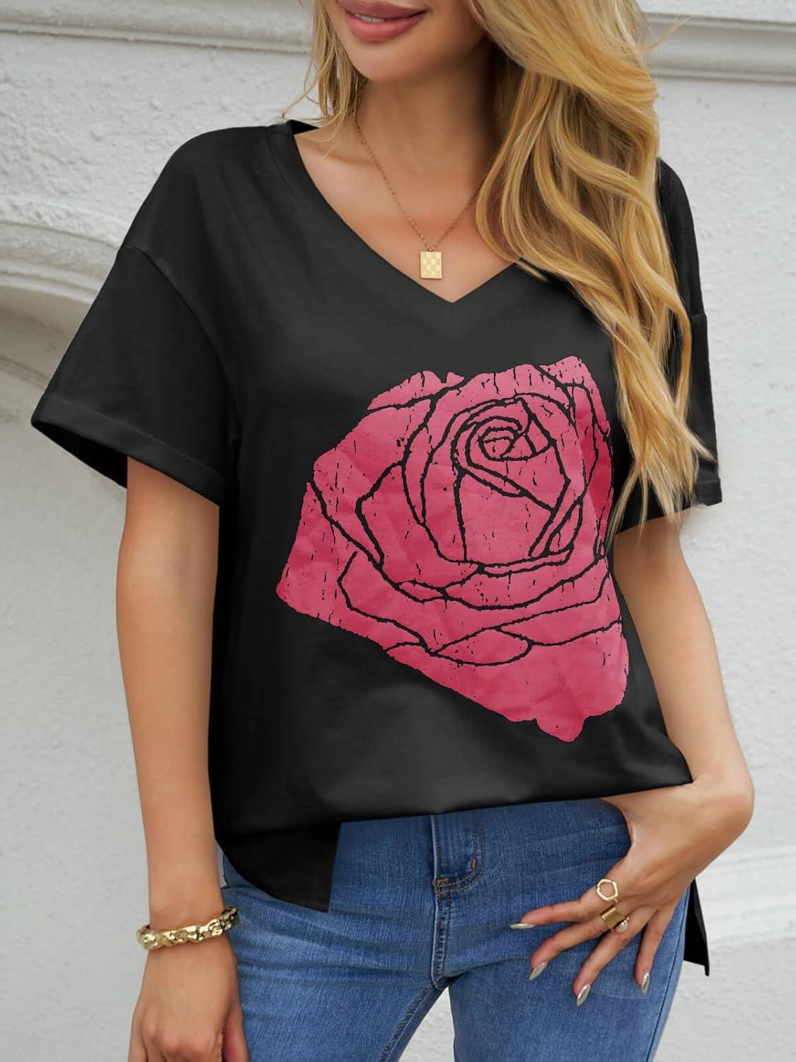 imageTankaneo Womens Oversized Tshirts V Neck Short Sleeve Tops Summer Casual Loose Fit Tunic Tee ShirtsRose Black