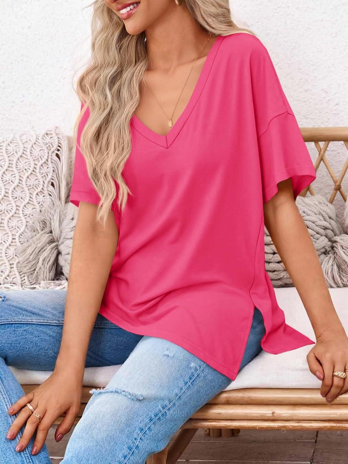 imageTankaneo Womens Oversized Tshirts V Neck Short Sleeve Tops Summer Casual Loose Fit Tunic Tee ShirtsRose Red