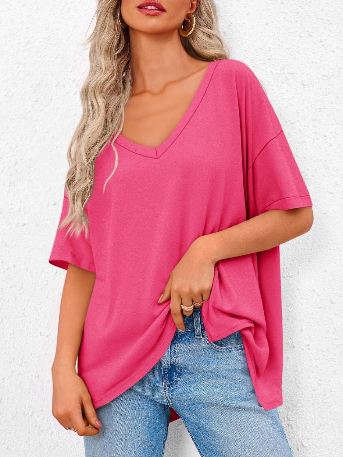 imageTankaneo Womens Oversized Tshirts V Neck Short Sleeve Tops Summer Casual Loose Fit Tunic Tee ShirtsRose Red