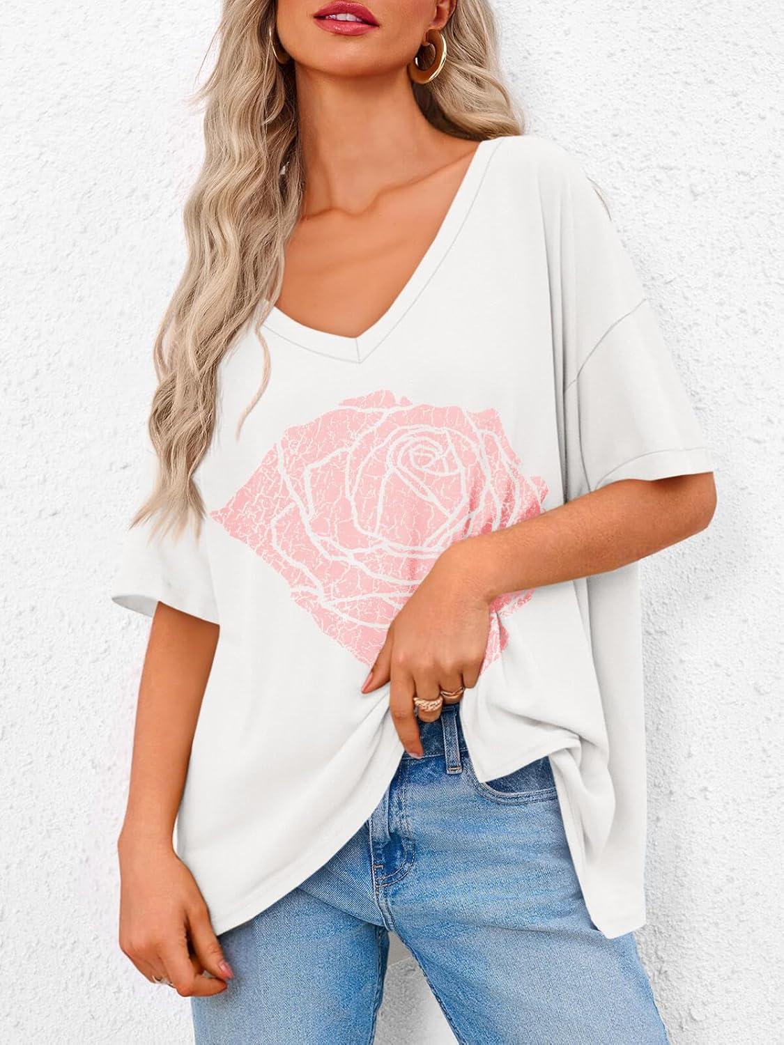 imageTankaneo Womens Oversized Tshirts V Neck Short Sleeve Tops Summer Casual Loose Fit Tunic Tee ShirtsRose White