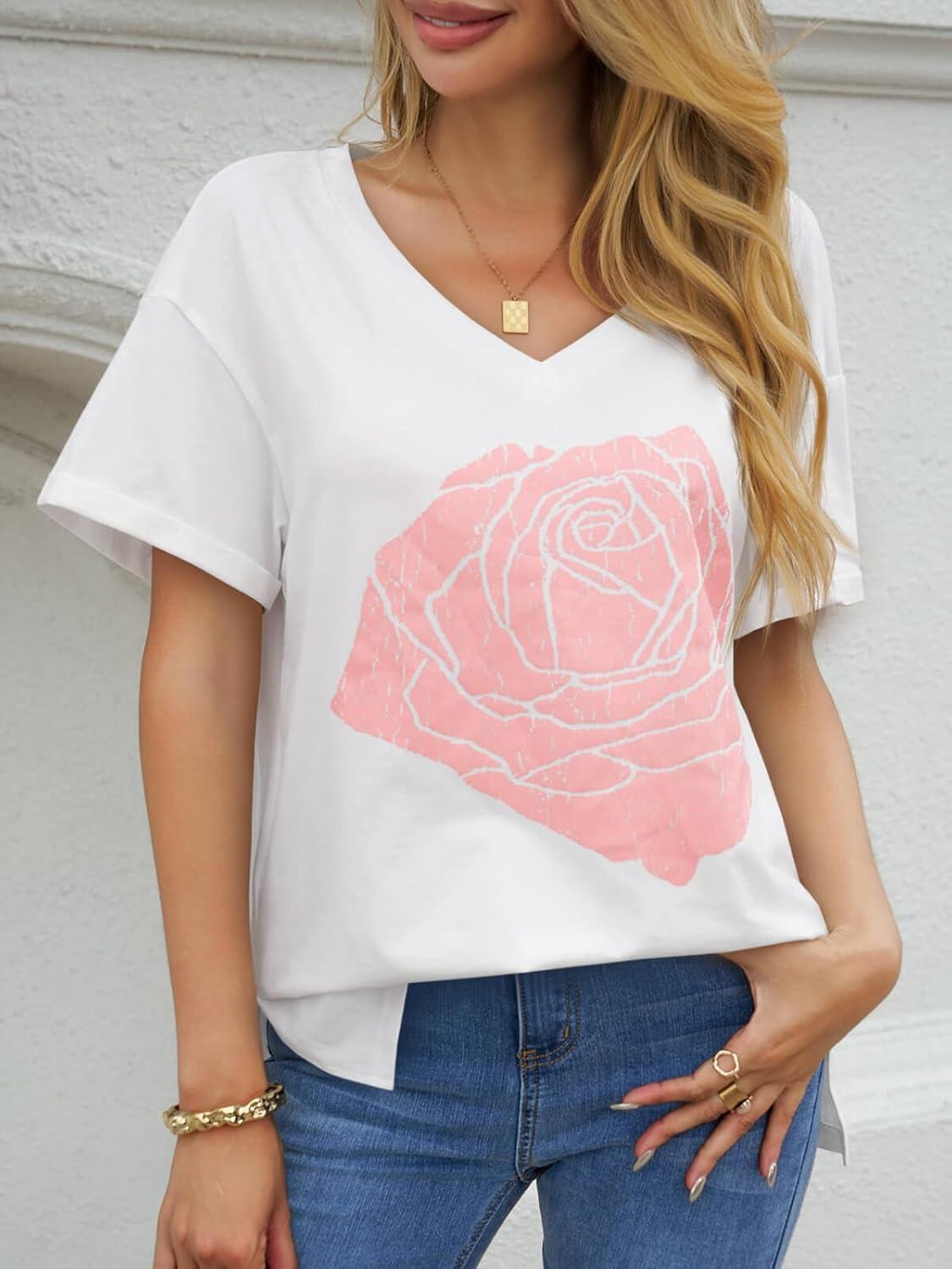 imageTankaneo Womens Oversized Tshirts V Neck Short Sleeve Tops Summer Casual Loose Fit Tunic Tee ShirtsRose White