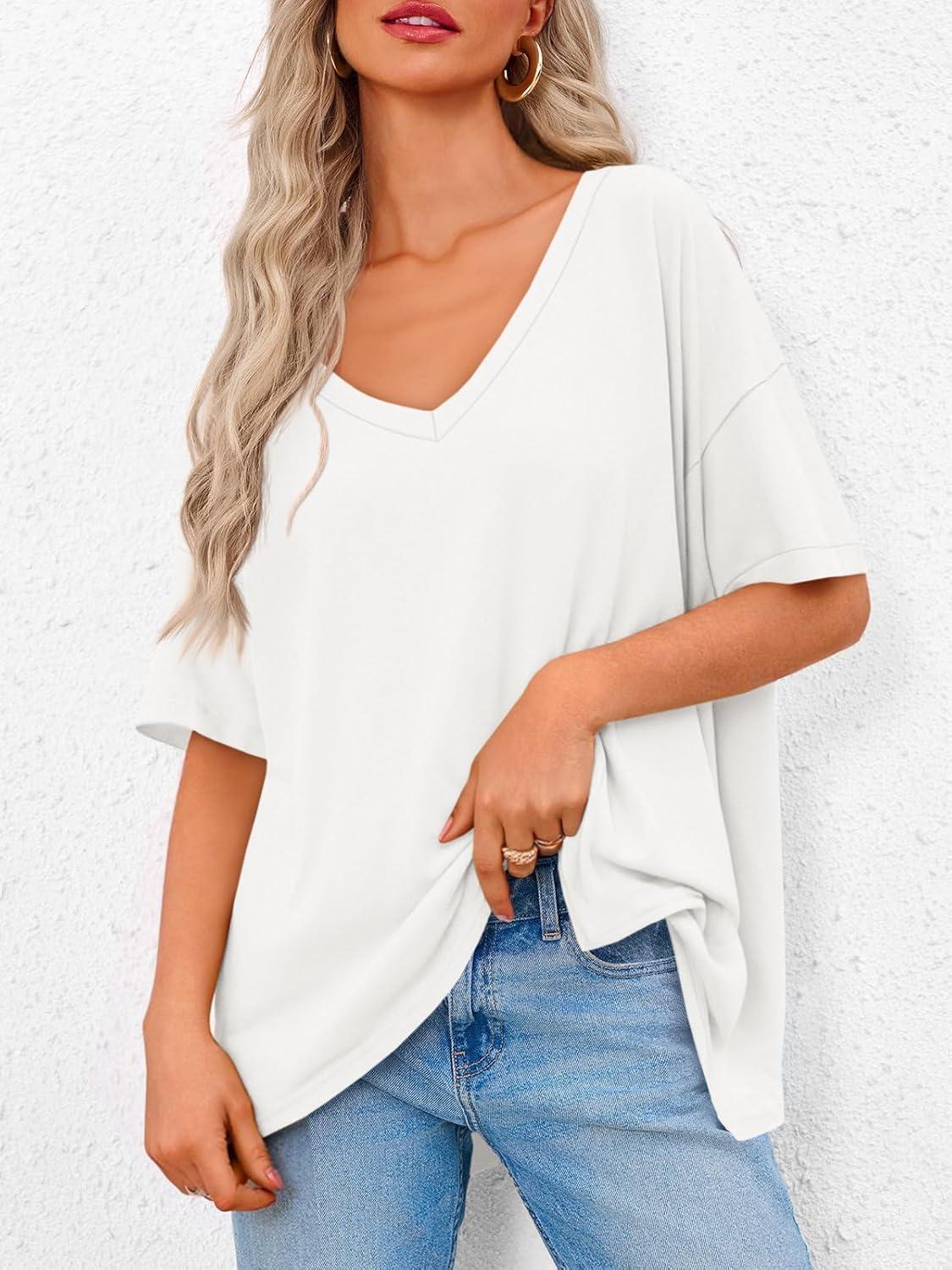 imageTankaneo Womens Oversized Tshirts V Neck Short Sleeve Tops Summer Casual Loose Fit Tunic Tee ShirtsWhite