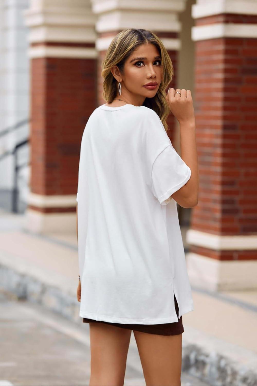 imageTankaneo Womens Oversized Tshirts V Neck Short Sleeve Tops Summer Casual Loose Fit Tunic Tee ShirtsWhite