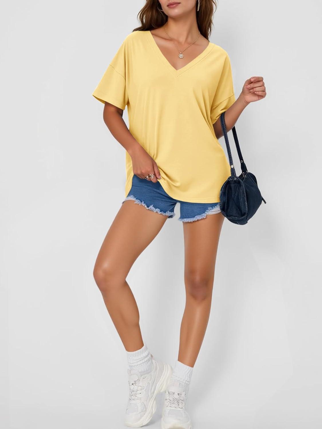 imageTankaneo Womens Oversized Tshirts V Neck Short Sleeve Tops Summer Casual Loose Fit Tunic Tee ShirtsYellow