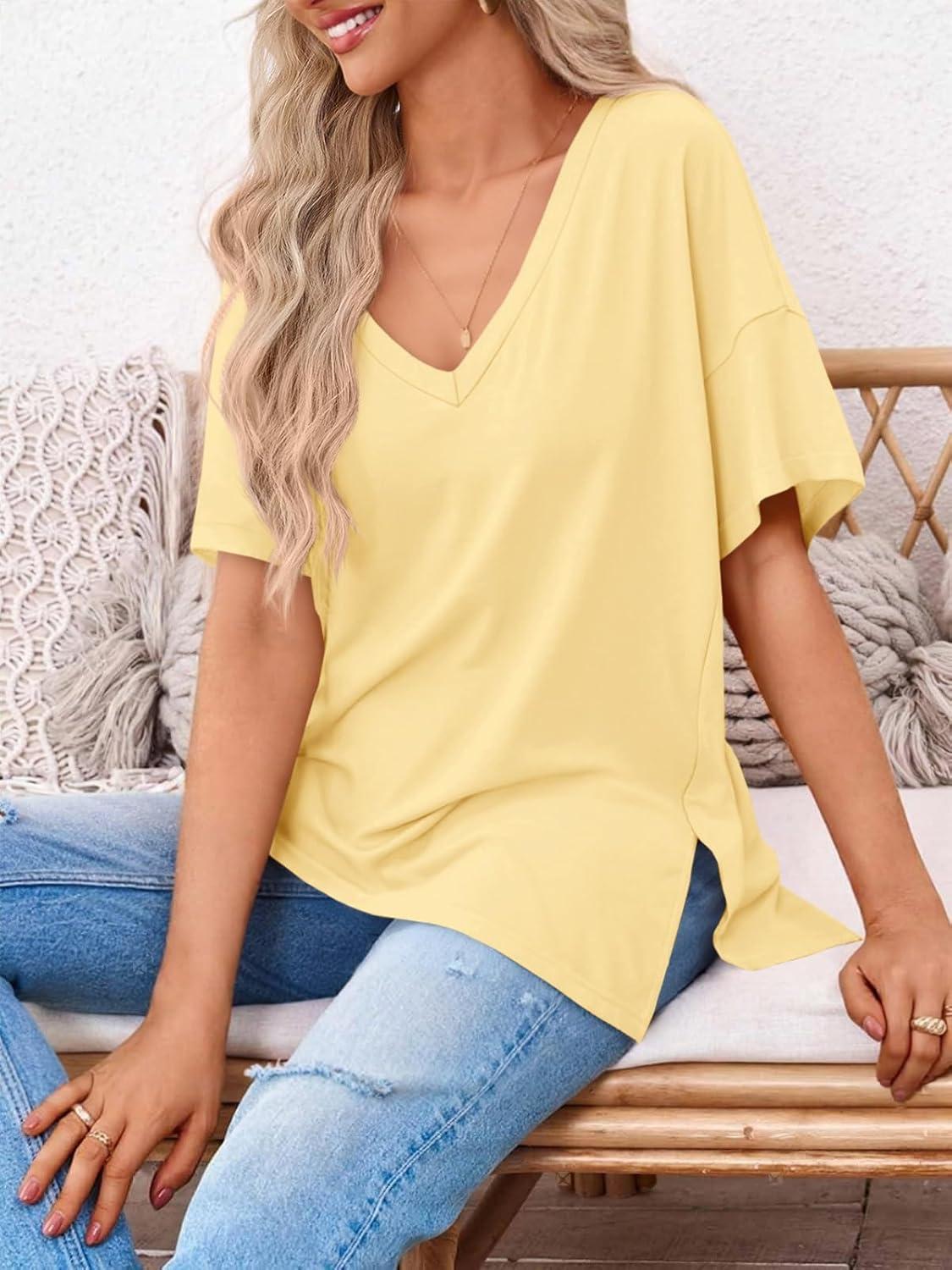 imageTankaneo Womens Oversized Tshirts V Neck Short Sleeve Tops Summer Casual Loose Fit Tunic Tee ShirtsYellow
