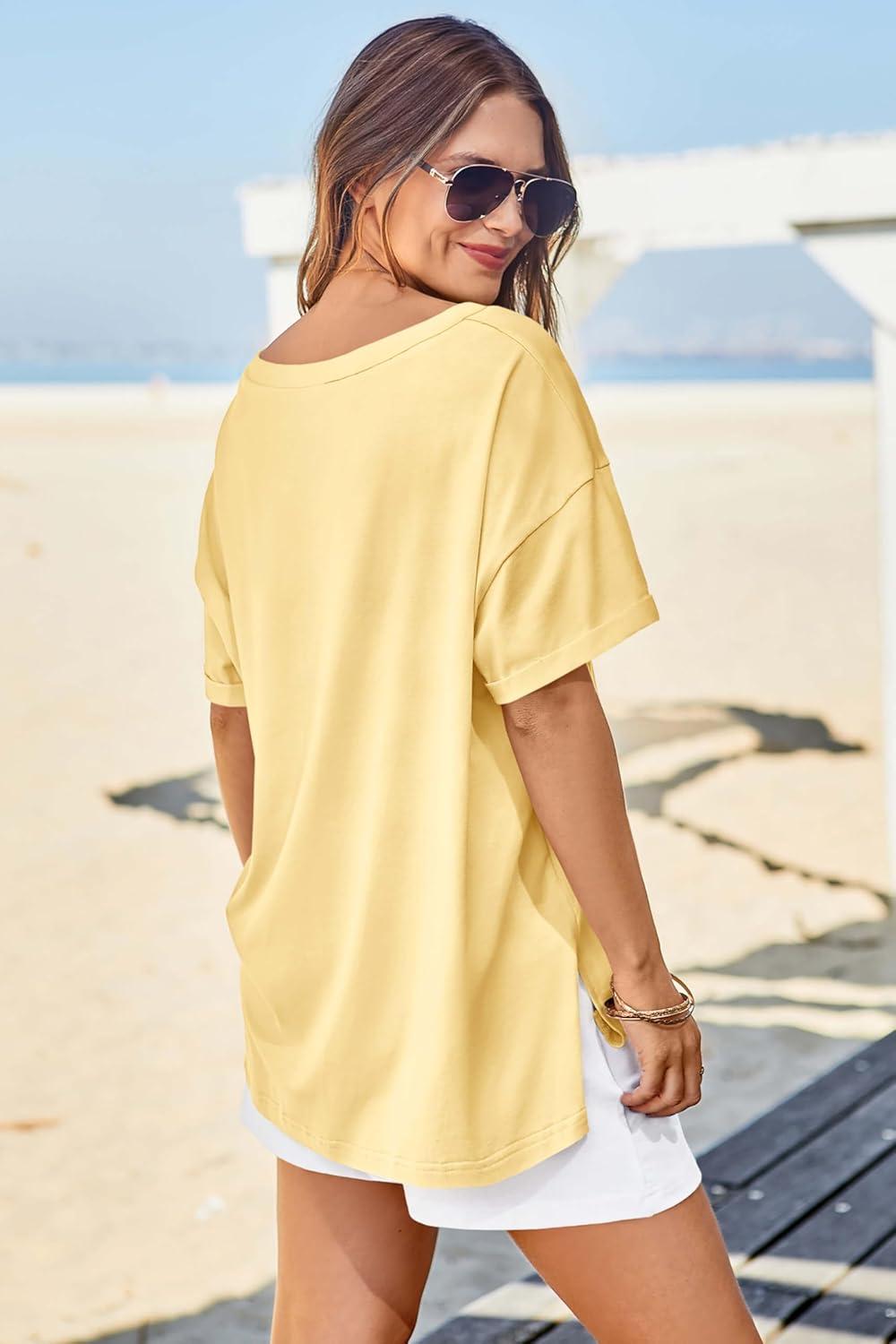 imageTankaneo Womens Oversized Tshirts V Neck Short Sleeve Tops Summer Casual Loose Fit Tunic Tee ShirtsYellow