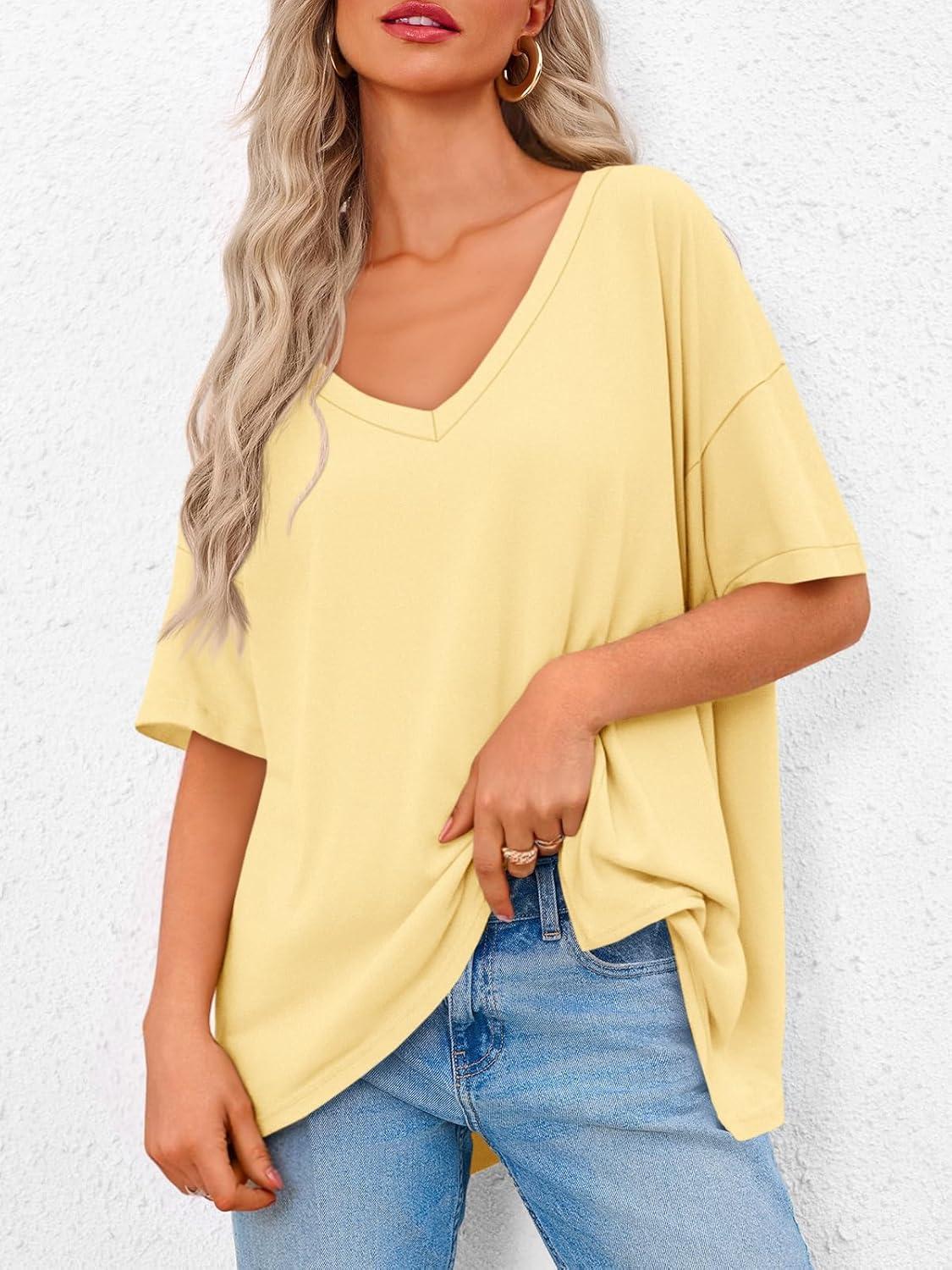 imageTankaneo Womens Oversized Tshirts V Neck Short Sleeve Tops Summer Casual Loose Fit Tunic Tee ShirtsYellow