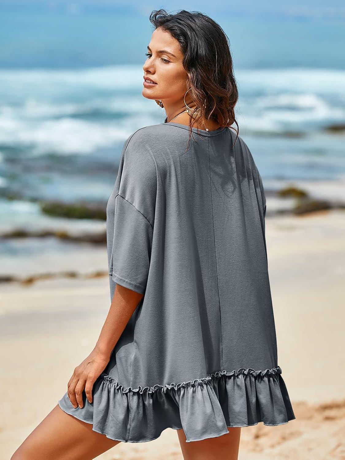imageTankaneo Womens Peplum Oversized Tshirt Summer Flowy Casual Shirt Dress Crew Neck Pleated Babydoll Beach Tunic TopsGrey