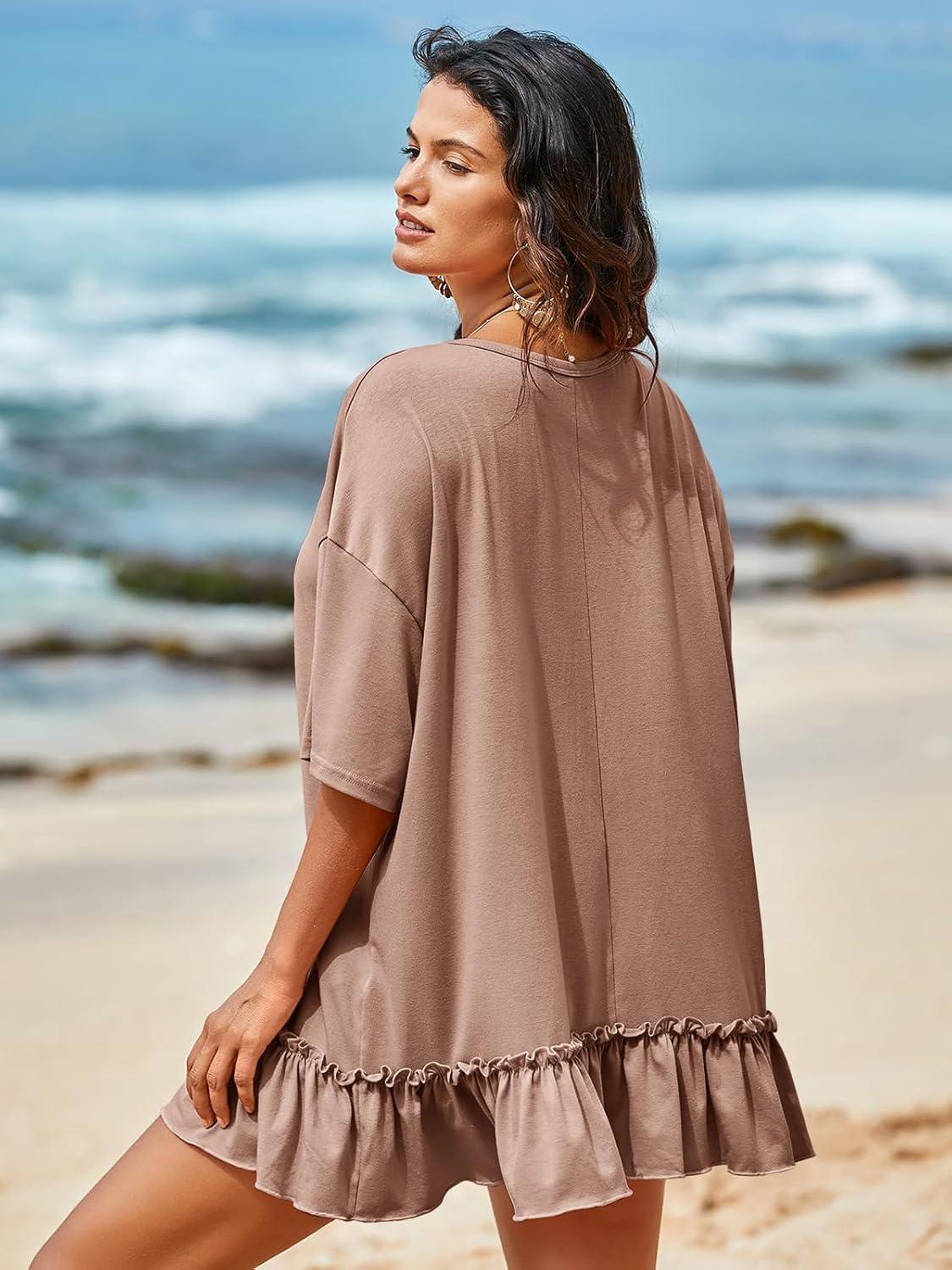 imageTankaneo Womens Peplum Oversized Tshirt Summer Flowy Casual Shirt Dress Crew Neck Pleated Babydoll Beach Tunic TopsLight Brown