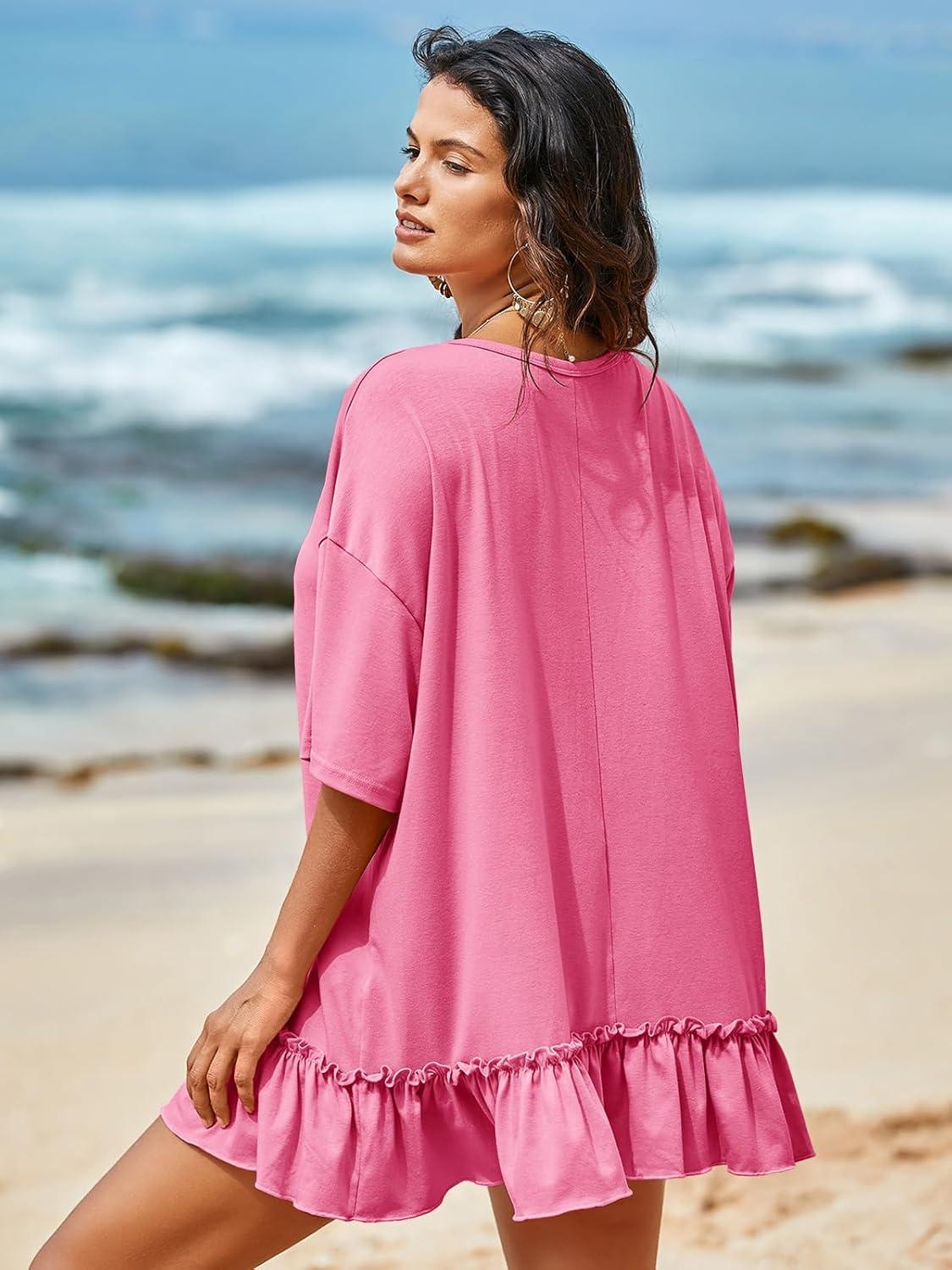 imageTankaneo Womens Peplum Oversized Tshirt Summer Flowy Casual Shirt Dress Crew Neck Pleated Babydoll Beach Tunic TopsPink