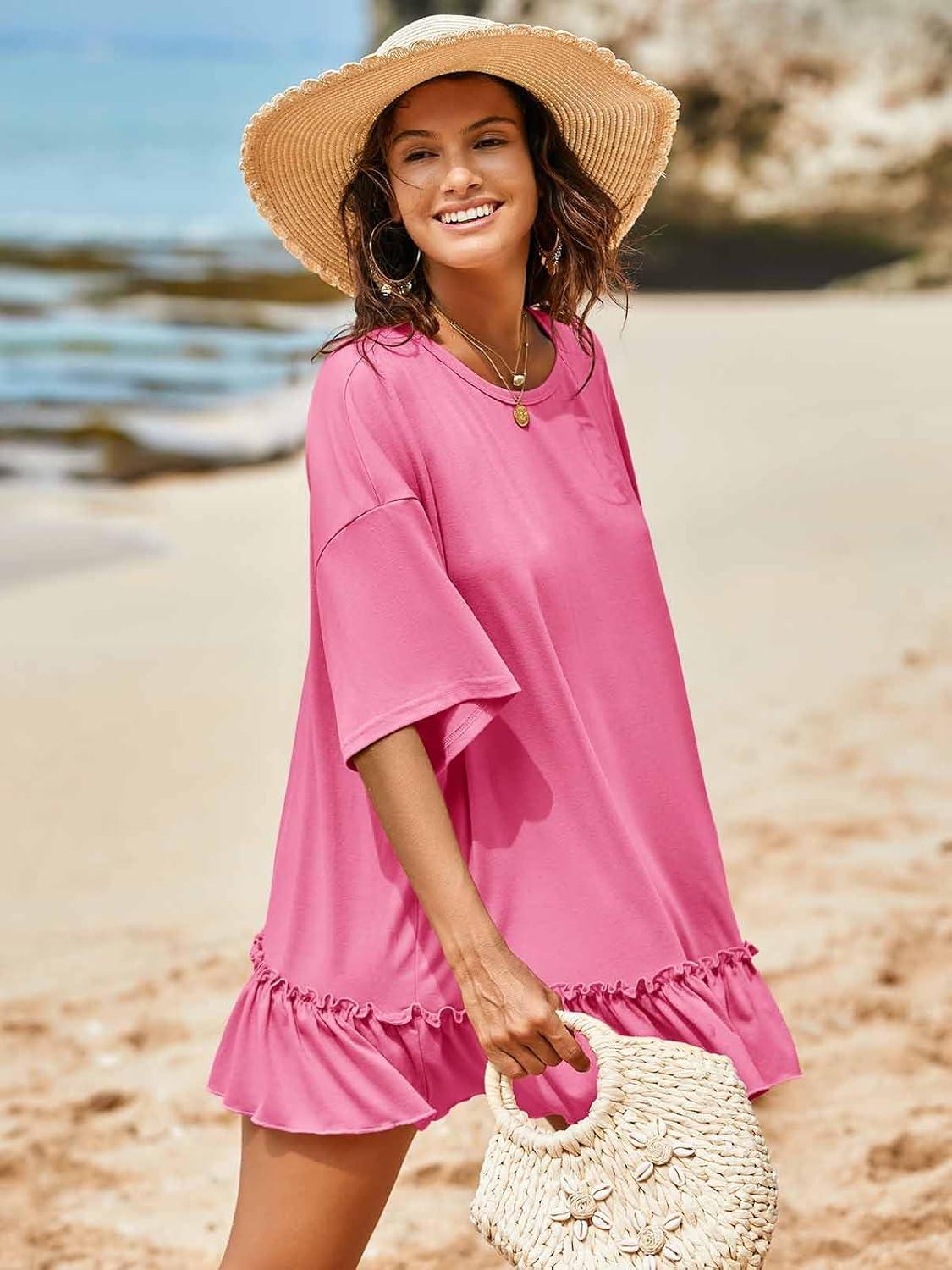 imageTankaneo Womens Peplum Oversized Tshirt Summer Flowy Casual Shirt Dress Crew Neck Pleated Babydoll Beach Tunic TopsPink