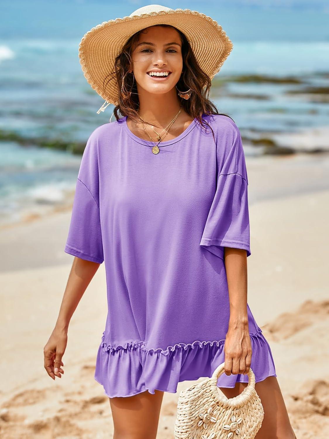 imageTankaneo Womens Peplum Oversized Tshirt Summer Flowy Casual Shirt Dress Crew Neck Pleated Babydoll Beach Tunic TopsPurple
