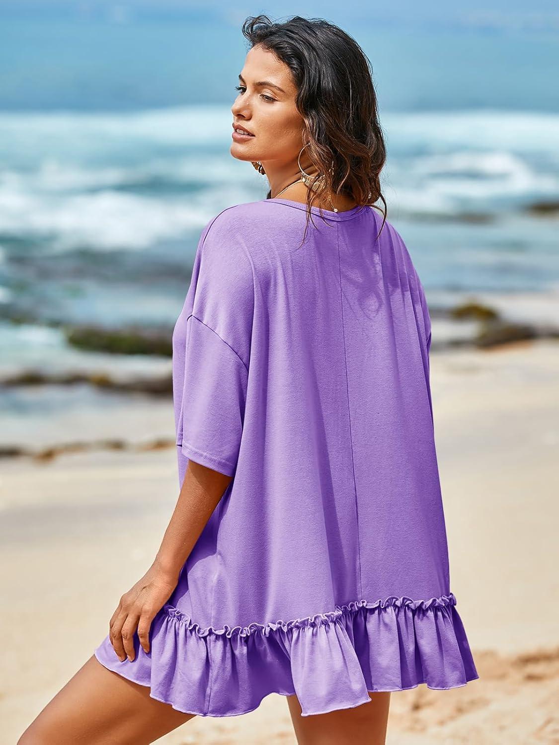 imageTankaneo Womens Peplum Oversized Tshirt Summer Flowy Casual Shirt Dress Crew Neck Pleated Babydoll Beach Tunic TopsPurple
