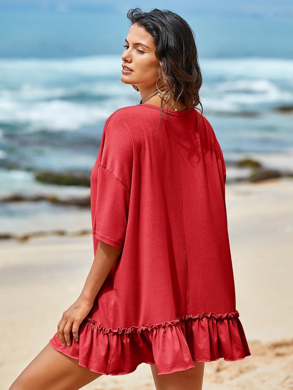 imageTankaneo Womens Peplum Oversized Tshirt Summer Flowy Casual Shirt Dress Crew Neck Pleated Babydoll Beach Tunic TopsRed
