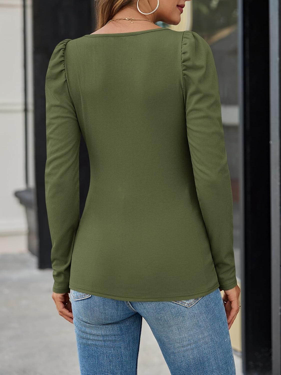imageTankaneo Womens Puff Long Sleeve Shirts Fall Square Neck Ribbed Knit Elegant Sweater Tops Silm Fitted Dressy Casual BlouseArmy Green