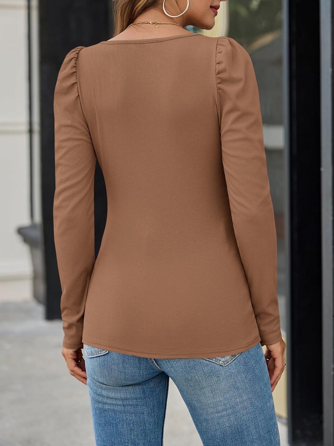 imageTankaneo Womens Puff Long Sleeve Shirts Fall Square Neck Ribbed Knit Elegant Sweater Tops Silm Fitted Dressy Casual BlouseKhaki