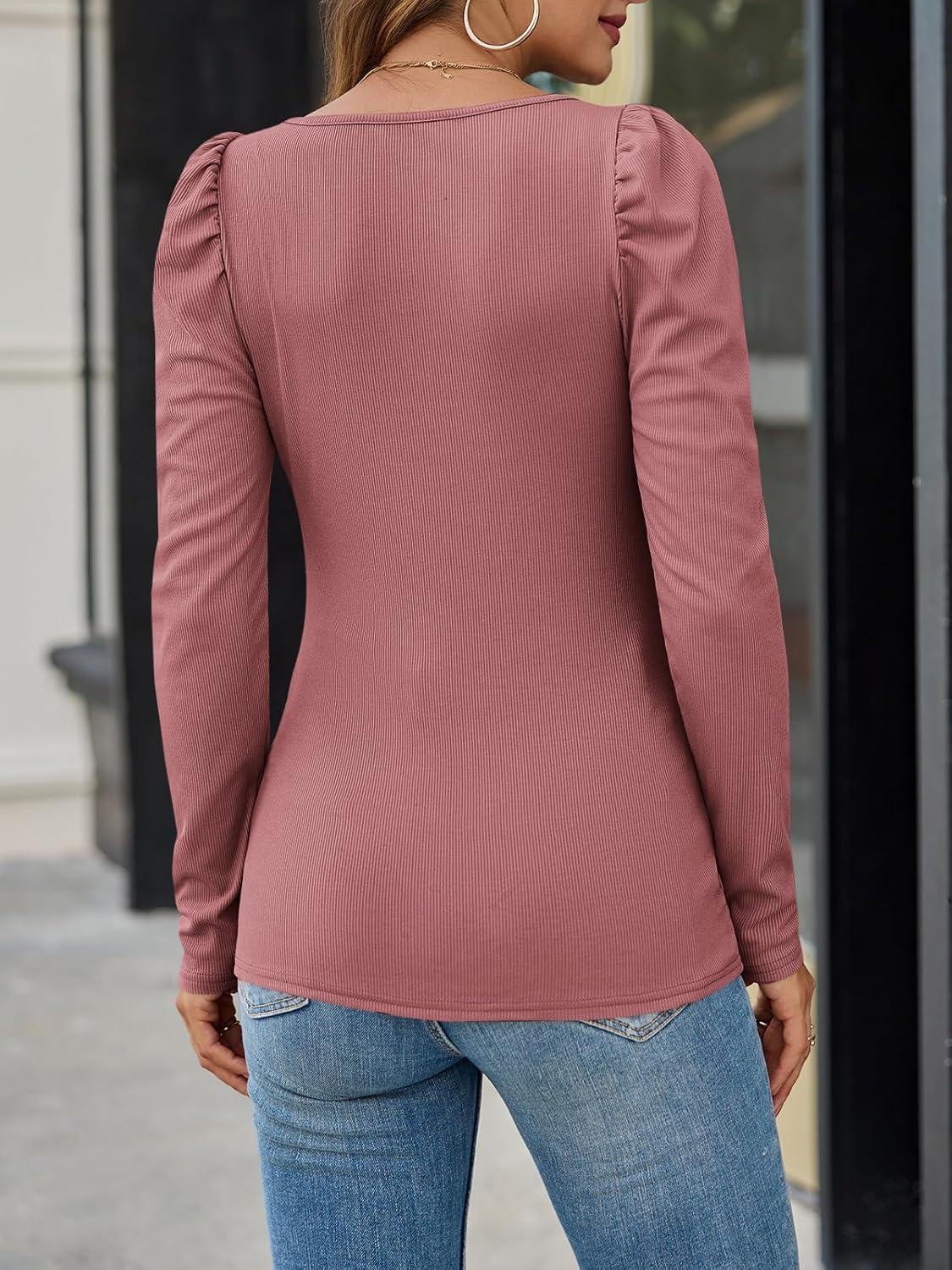 imageTankaneo Womens Puff Long Sleeve Shirts Fall Square Neck Ribbed Knit Elegant Sweater Tops Silm Fitted Dressy Casual BlousePink