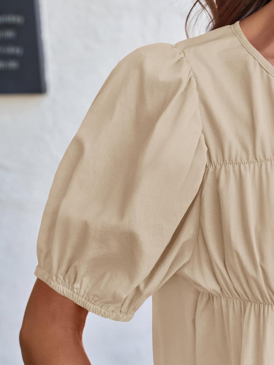 imageTankaneo Womens Puff Sleeve Peplum Babydoll Tops Summer Smoked Pleated Cotton TShirts Casual Loose Fit Flowy BlouseApricot