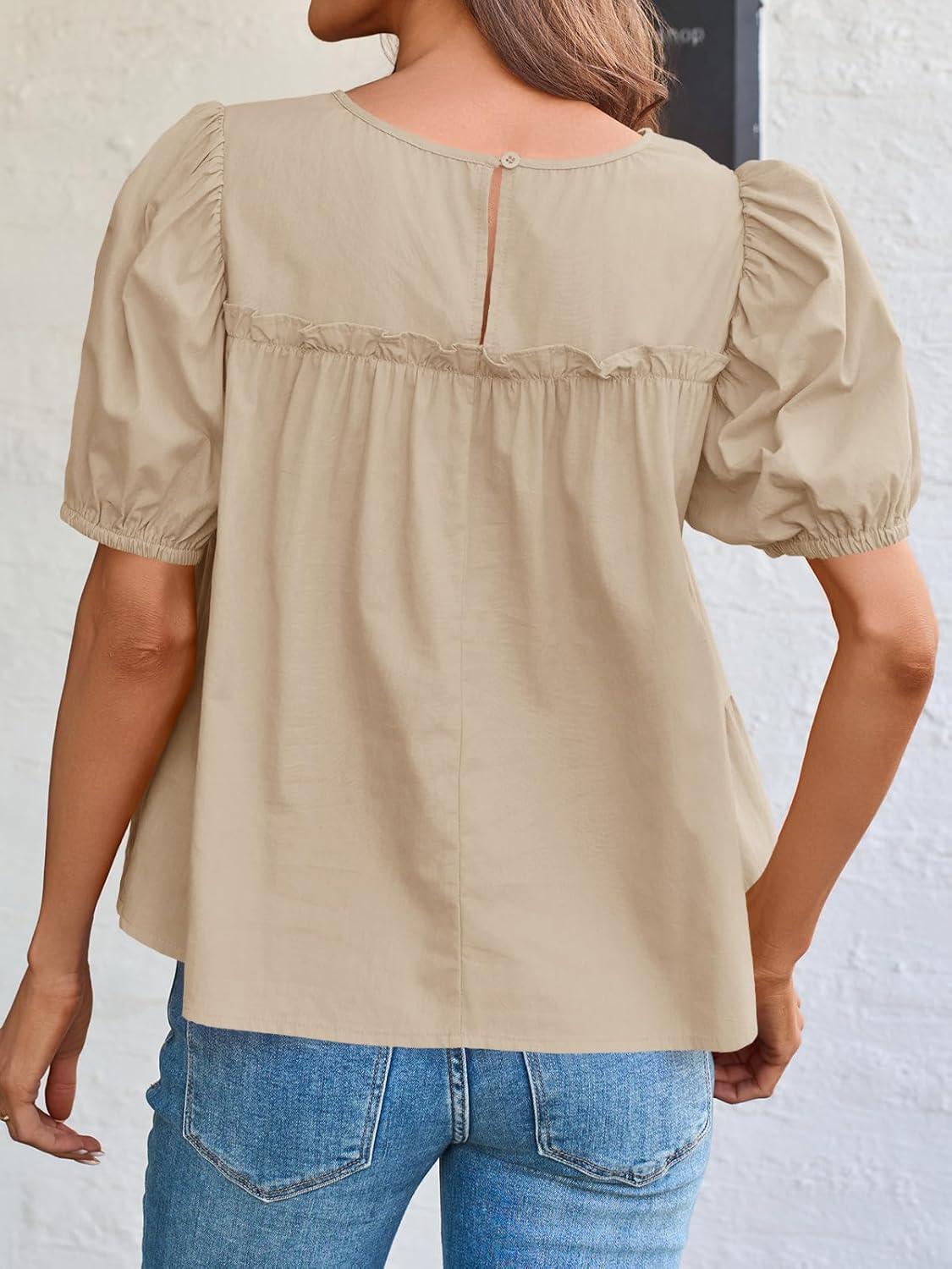 imageTankaneo Womens Puff Sleeve Peplum Babydoll Tops Summer Smoked Pleated Cotton TShirts Casual Loose Fit Flowy BlouseApricot