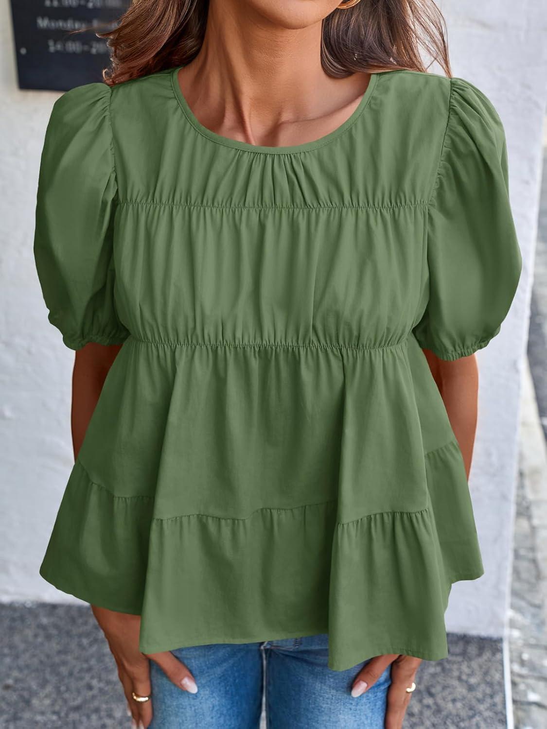 imageTankaneo Womens Puff Sleeve Peplum Babydoll Tops Summer Smoked Pleated Cotton TShirts Casual Loose Fit Flowy BlouseArmy Green