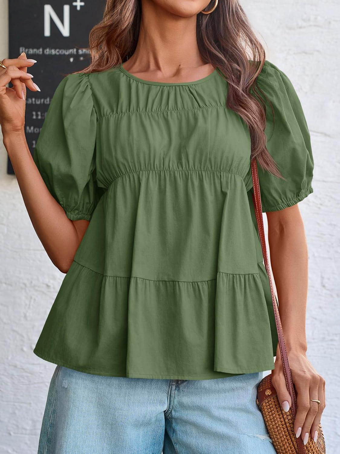 imageTankaneo Womens Puff Sleeve Peplum Babydoll Tops Summer Smoked Pleated Cotton TShirts Casual Loose Fit Flowy BlouseArmy Green