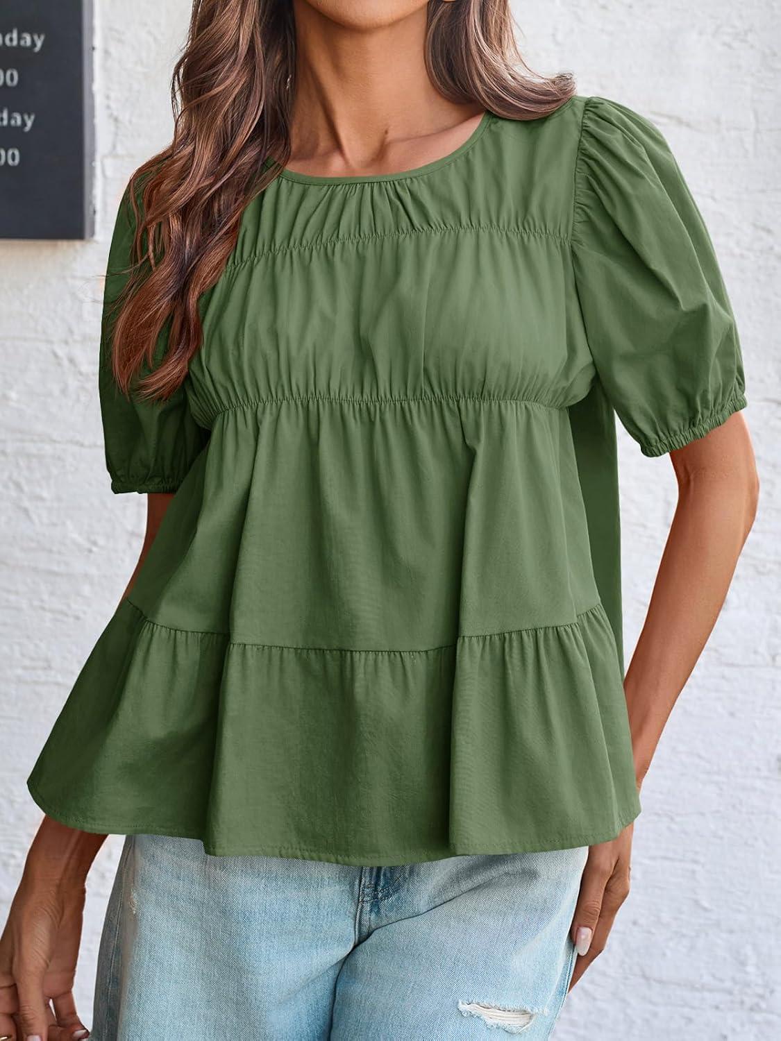 imageTankaneo Womens Puff Sleeve Peplum Babydoll Tops Summer Smoked Pleated Cotton TShirts Casual Loose Fit Flowy BlouseArmy Green