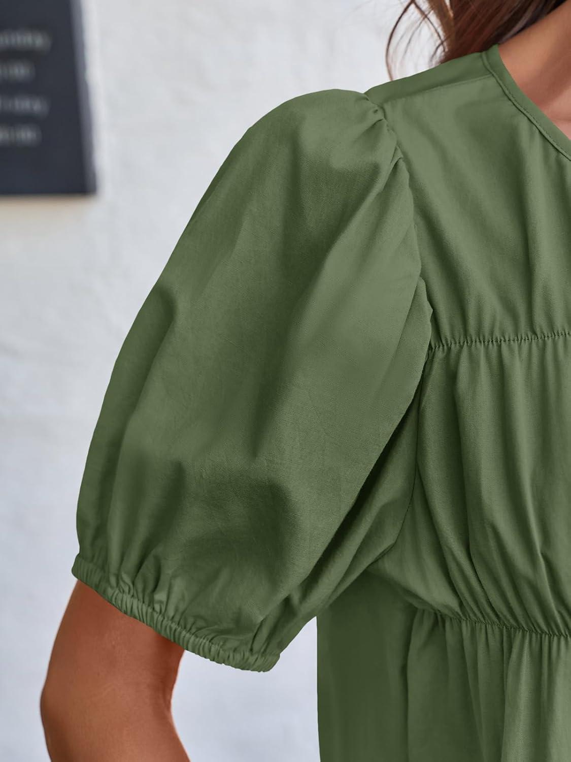 imageTankaneo Womens Puff Sleeve Peplum Babydoll Tops Summer Smoked Pleated Cotton TShirts Casual Loose Fit Flowy BlouseArmy Green