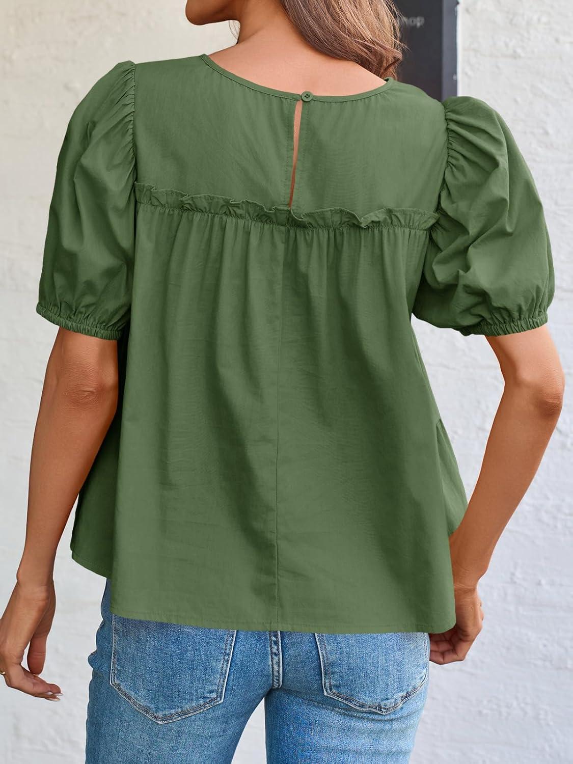 imageTankaneo Womens Puff Sleeve Peplum Babydoll Tops Summer Smoked Pleated Cotton TShirts Casual Loose Fit Flowy BlouseArmy Green