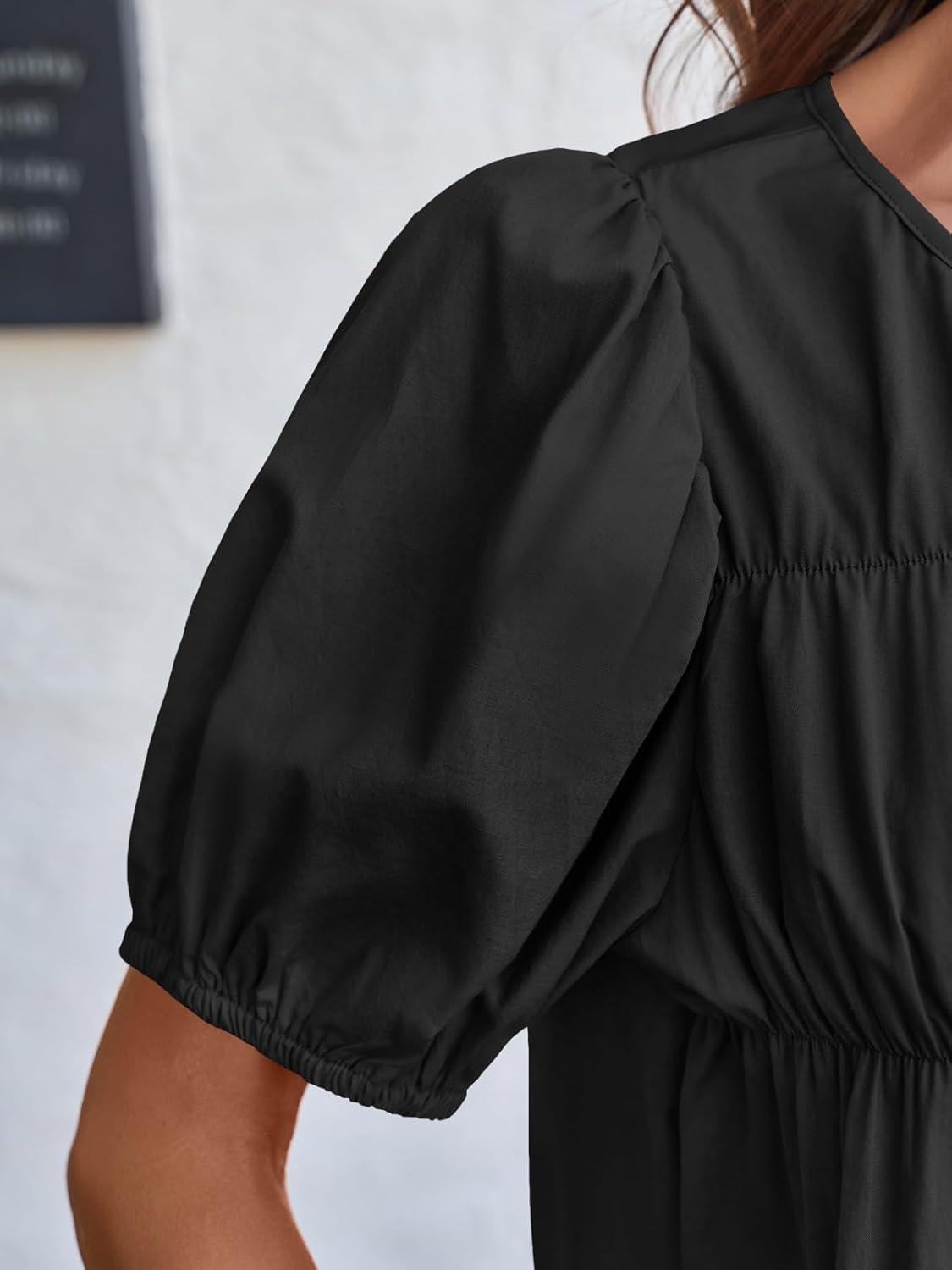 imageTankaneo Womens Puff Sleeve Peplum Babydoll Tops Summer Smoked Pleated Cotton TShirts Casual Loose Fit Flowy BlouseBlack