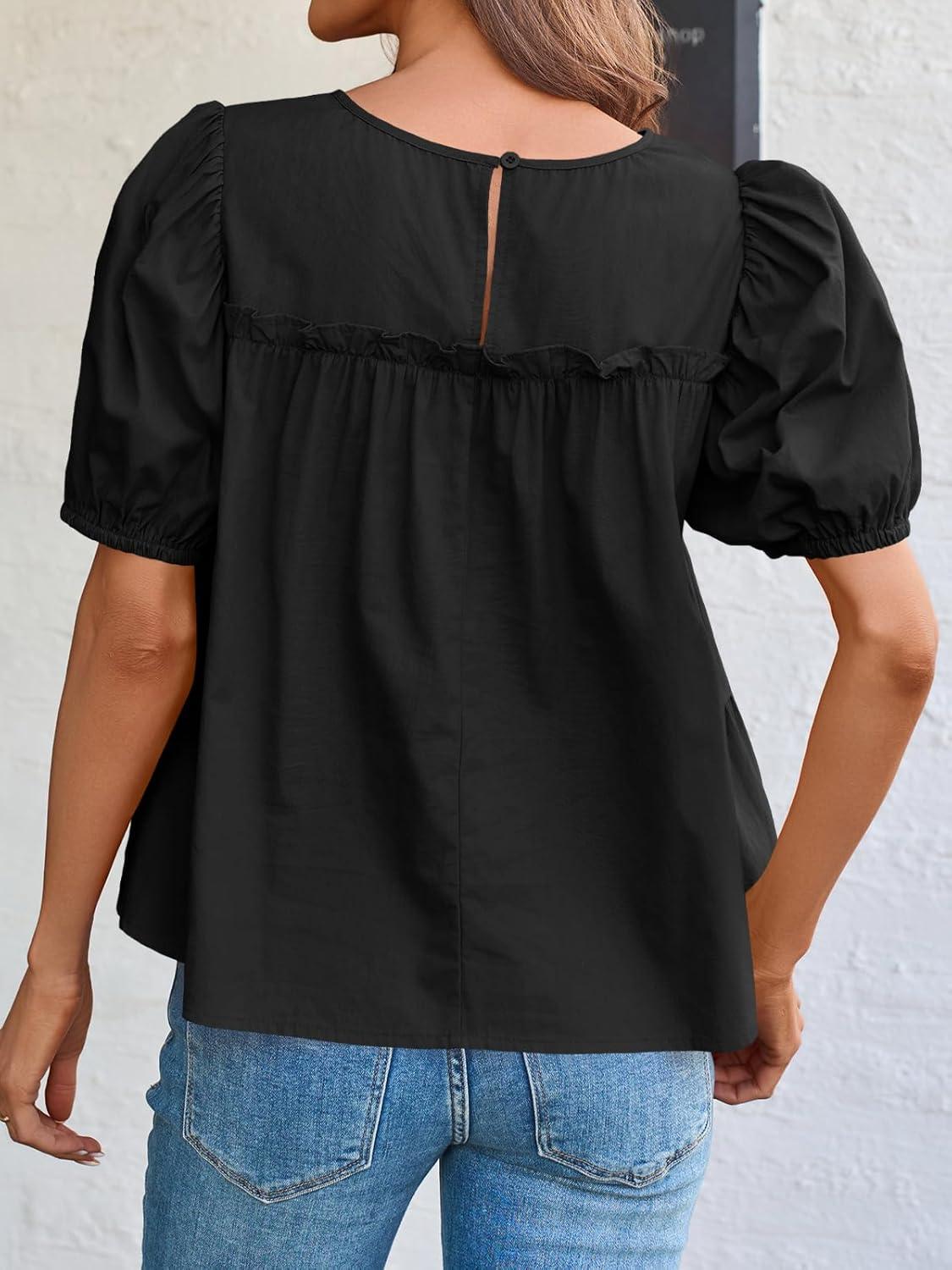 imageTankaneo Womens Puff Sleeve Peplum Babydoll Tops Summer Smoked Pleated Cotton TShirts Casual Loose Fit Flowy BlouseBlack