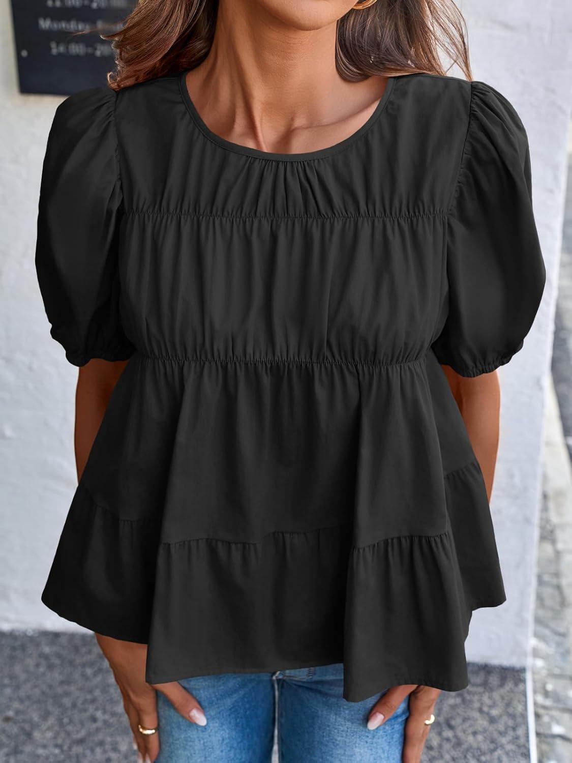 imageTankaneo Womens Puff Sleeve Peplum Babydoll Tops Summer Smoked Pleated Cotton TShirts Casual Loose Fit Flowy BlouseBlack