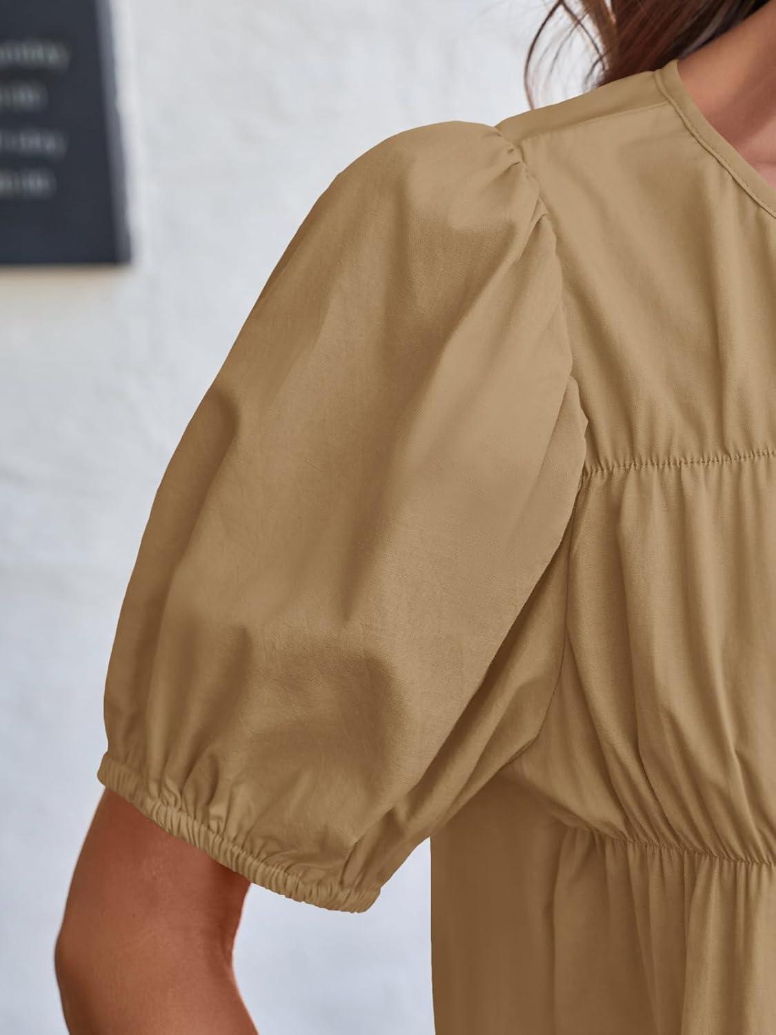 imageTankaneo Womens Puff Sleeve Peplum Babydoll Tops Summer Smoked Pleated Cotton TShirts Casual Loose Fit Flowy BlouseKhaki