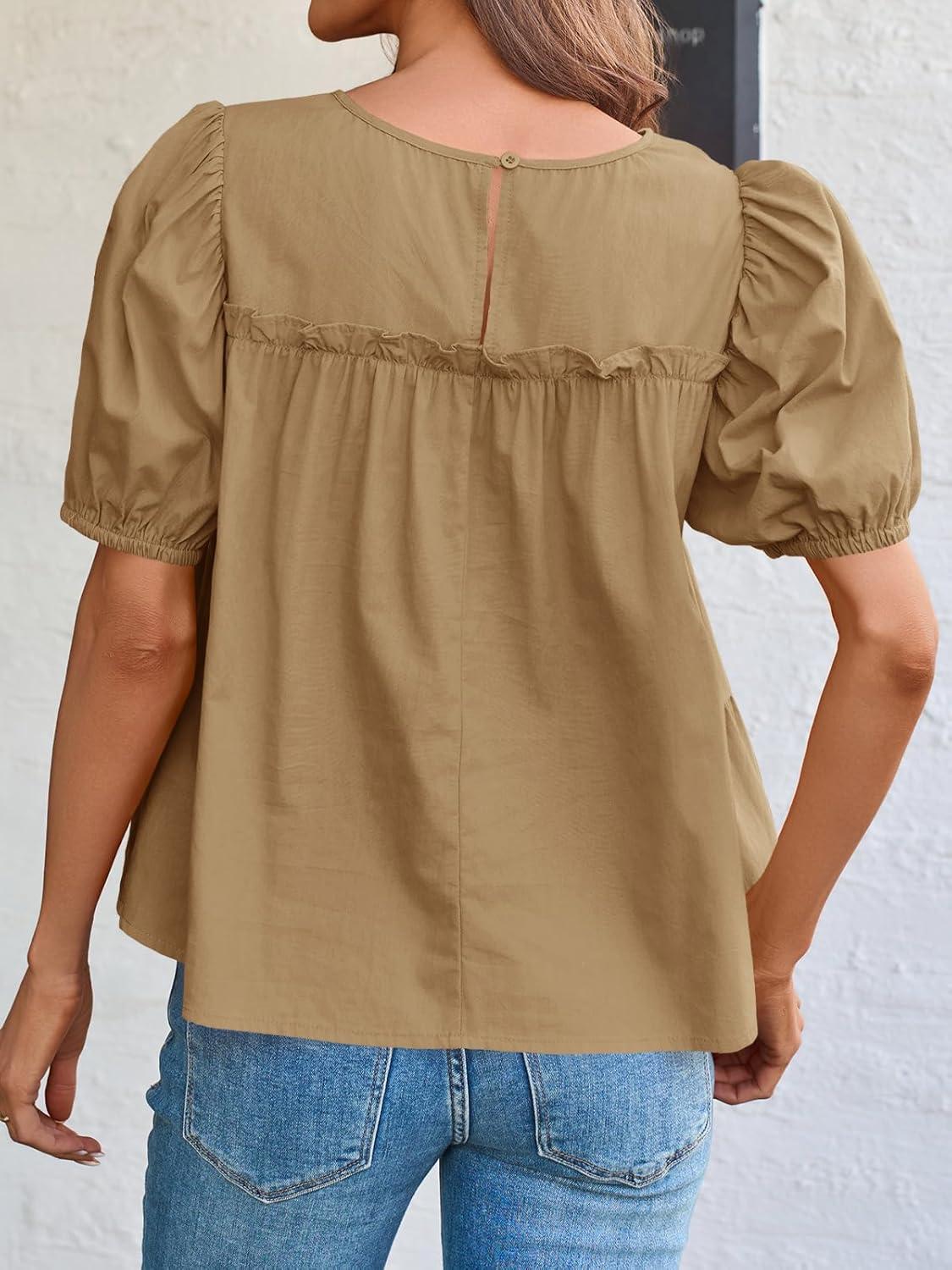 imageTankaneo Womens Puff Sleeve Peplum Babydoll Tops Summer Smoked Pleated Cotton TShirts Casual Loose Fit Flowy BlouseKhaki