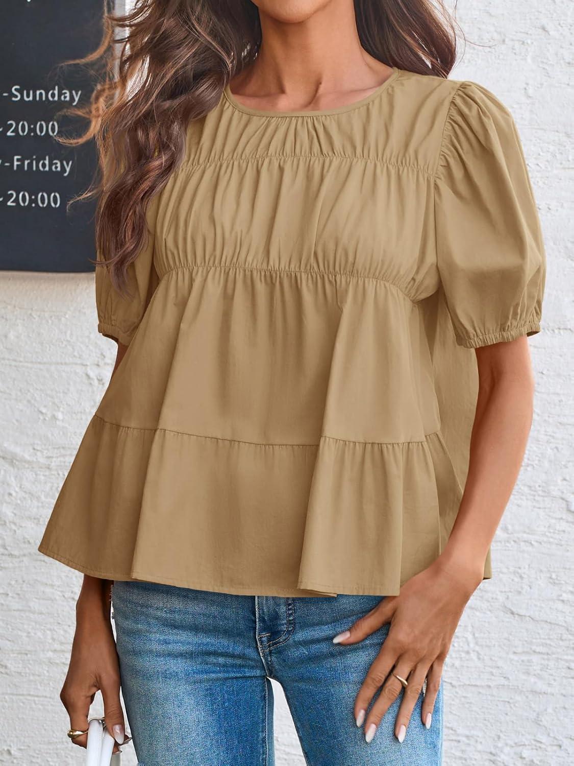 imageTankaneo Womens Puff Sleeve Peplum Babydoll Tops Summer Smoked Pleated Cotton TShirts Casual Loose Fit Flowy BlouseKhaki