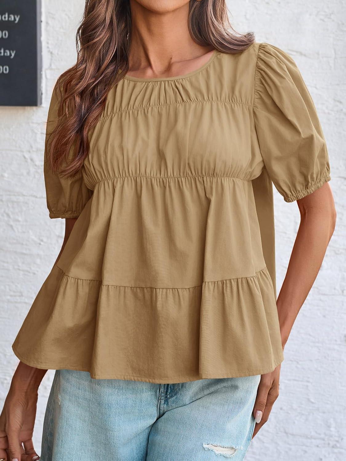 imageTankaneo Womens Puff Sleeve Peplum Babydoll Tops Summer Smoked Pleated Cotton TShirts Casual Loose Fit Flowy BlouseKhaki