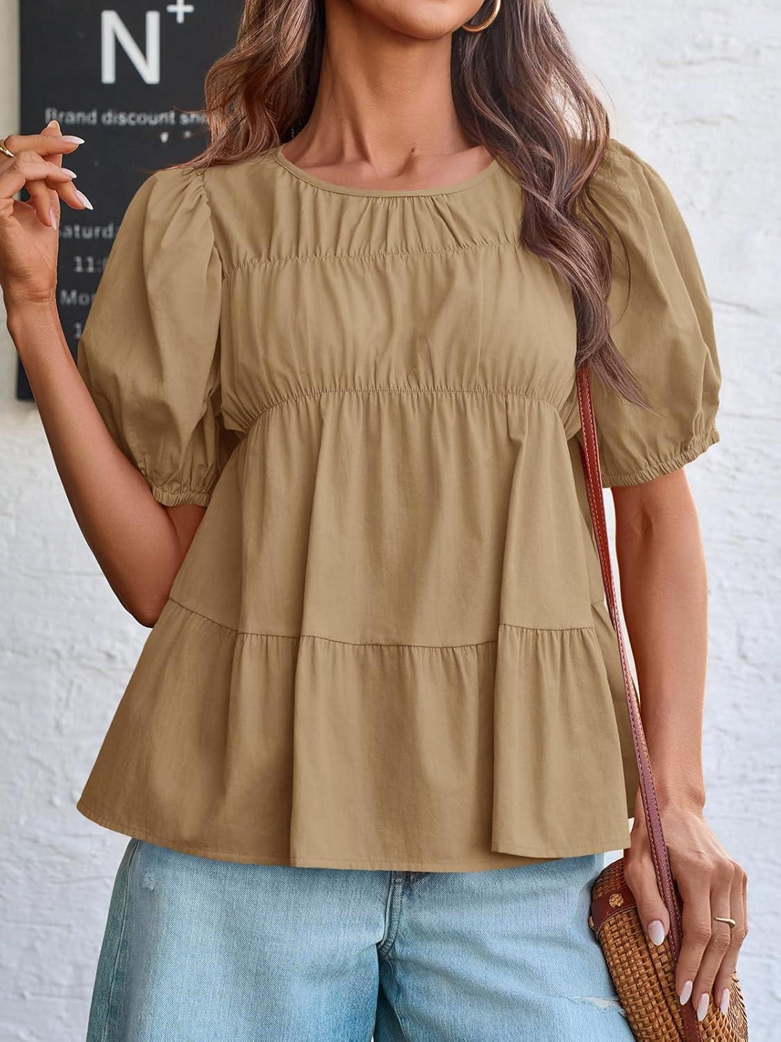 imageTankaneo Womens Puff Sleeve Peplum Babydoll Tops Summer Smoked Pleated Cotton TShirts Casual Loose Fit Flowy BlouseKhaki