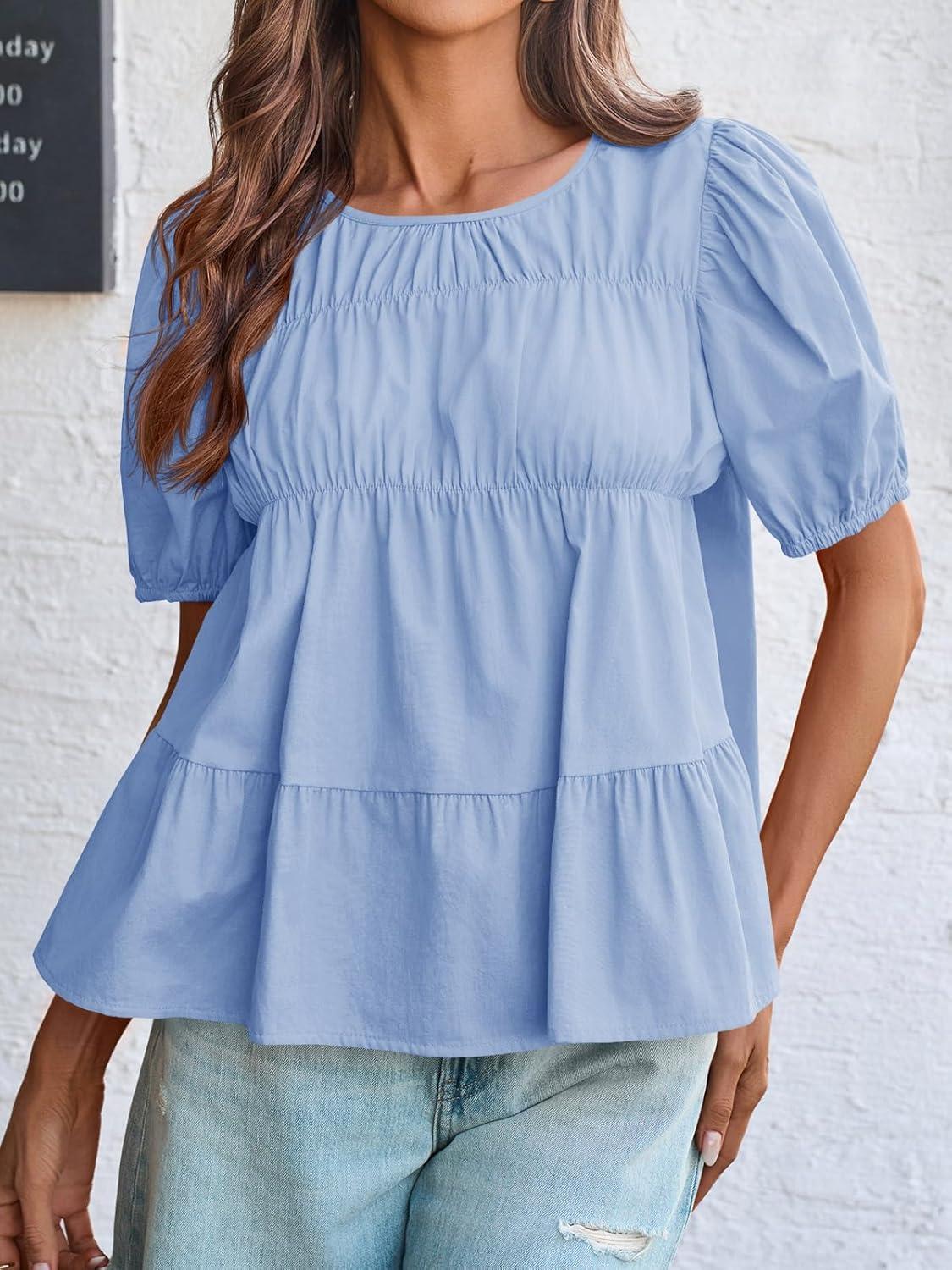 imageTankaneo Womens Puff Sleeve Peplum Babydoll Tops Summer Smoked Pleated Cotton TShirts Casual Loose Fit Flowy BlouseLight Blue