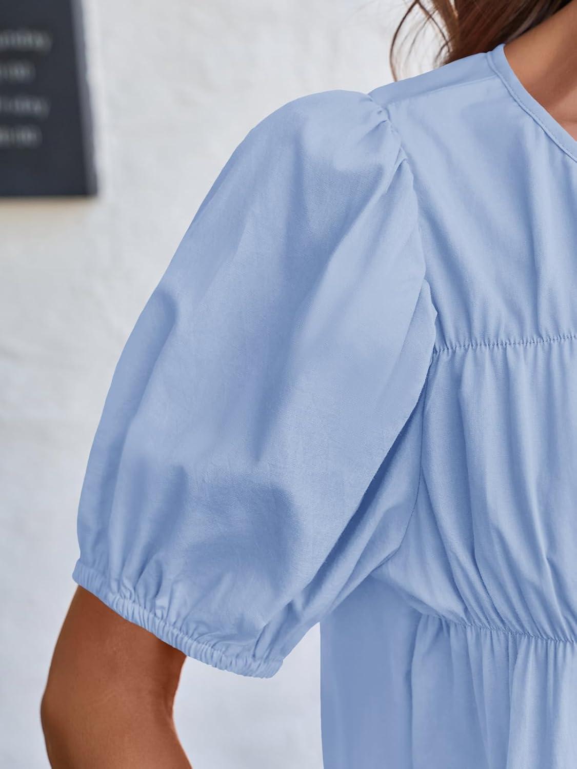 imageTankaneo Womens Puff Sleeve Peplum Babydoll Tops Summer Smoked Pleated Cotton TShirts Casual Loose Fit Flowy BlouseLight Blue