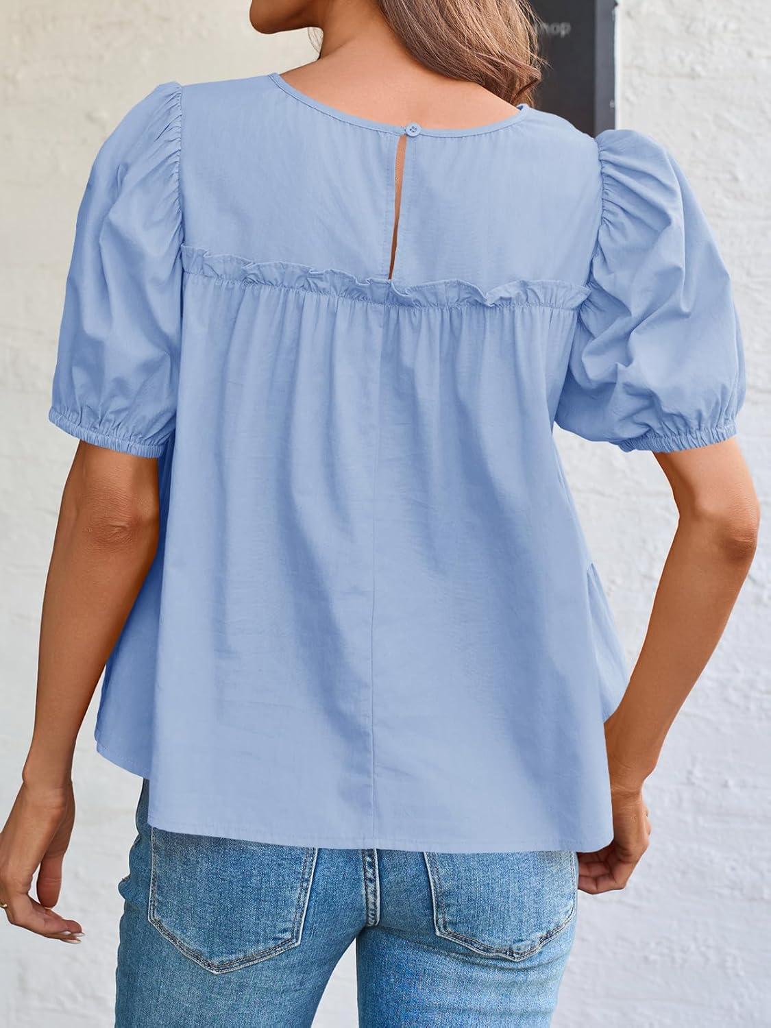 imageTankaneo Womens Puff Sleeve Peplum Babydoll Tops Summer Smoked Pleated Cotton TShirts Casual Loose Fit Flowy BlouseLight Blue