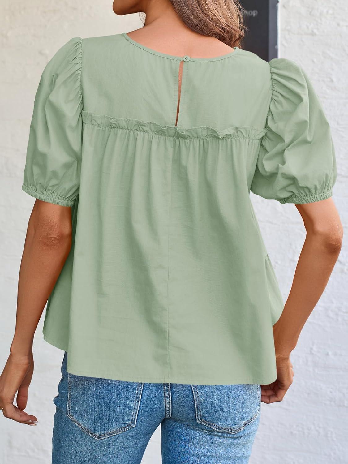 imageTankaneo Womens Puff Sleeve Peplum Babydoll Tops Summer Smoked Pleated Cotton TShirts Casual Loose Fit Flowy BlouseLight Green