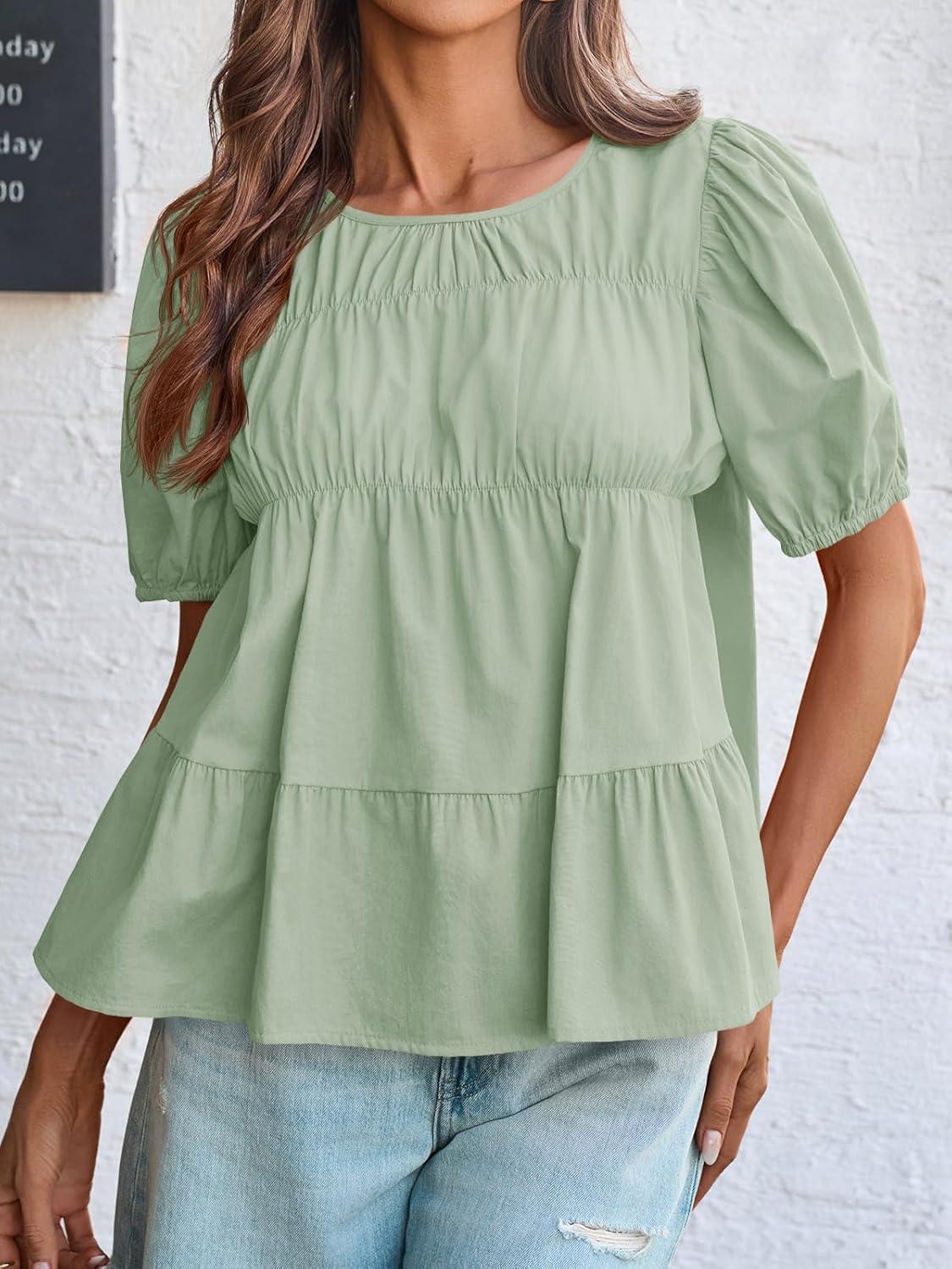 imageTankaneo Womens Puff Sleeve Peplum Babydoll Tops Summer Smoked Pleated Cotton TShirts Casual Loose Fit Flowy BlouseLight Green