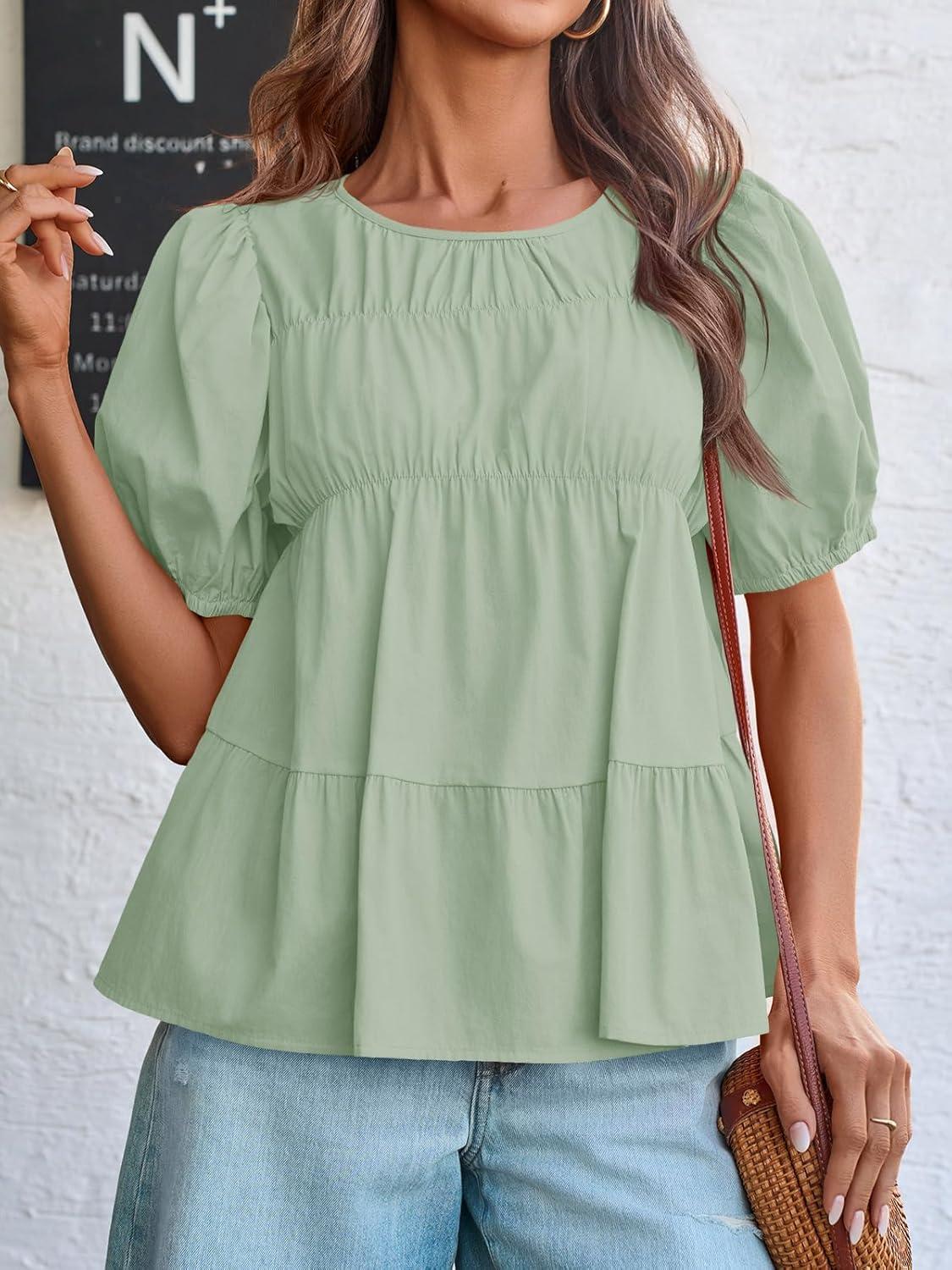 imageTankaneo Womens Puff Sleeve Peplum Babydoll Tops Summer Smoked Pleated Cotton TShirts Casual Loose Fit Flowy BlouseLight Green